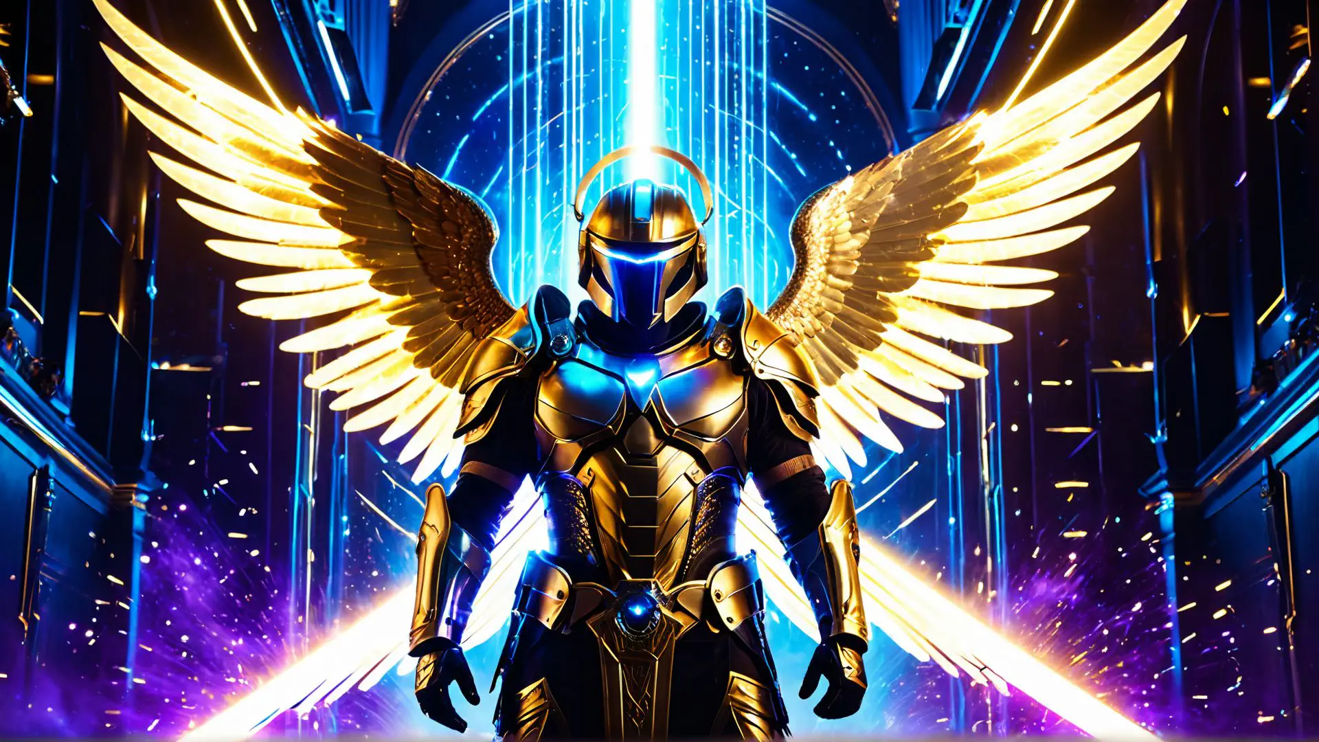 Futuristische engelachtige krijger met gouden vleugels