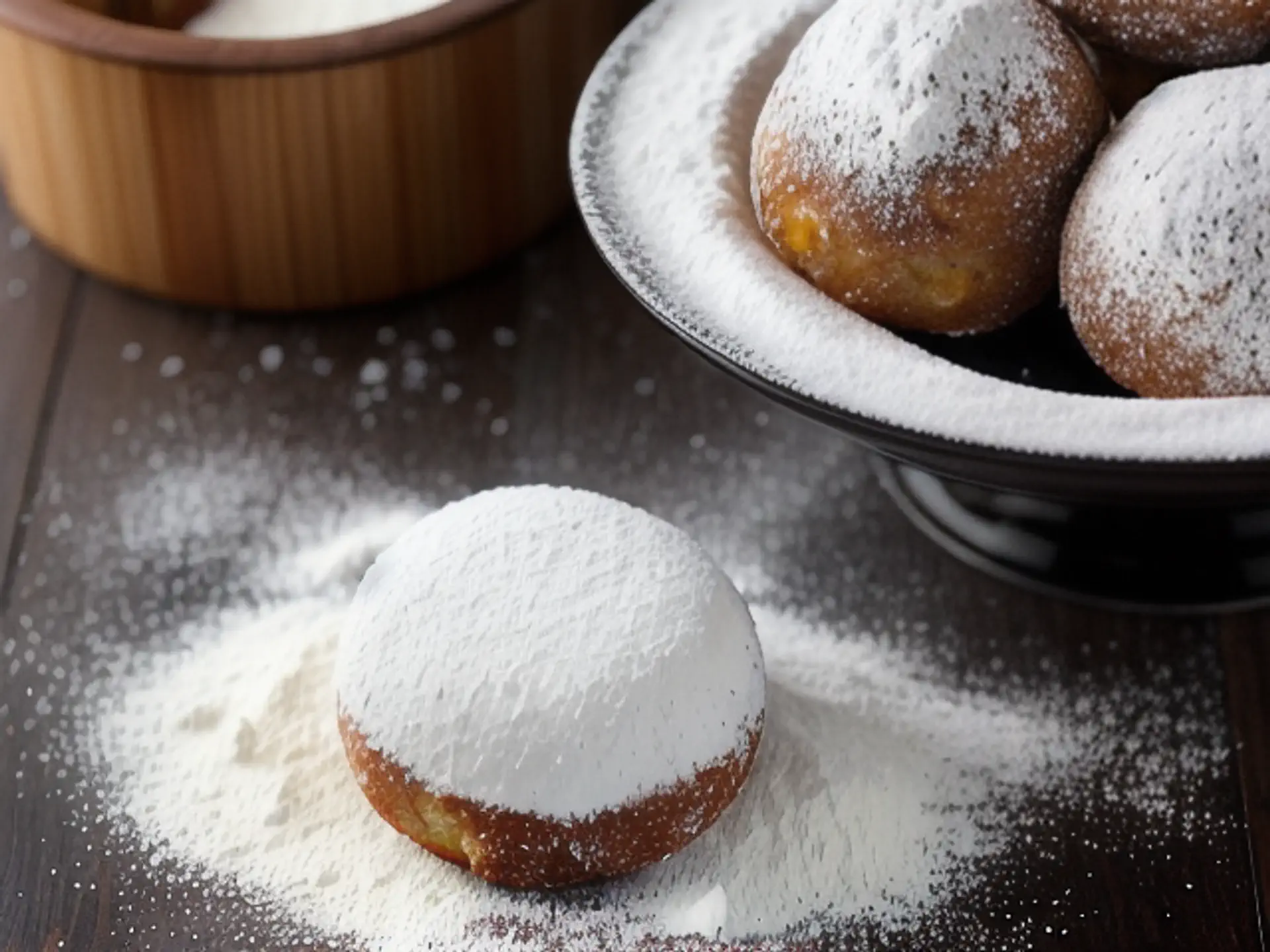 Verse Berliner bollen met poedersuiker in rustieke setting