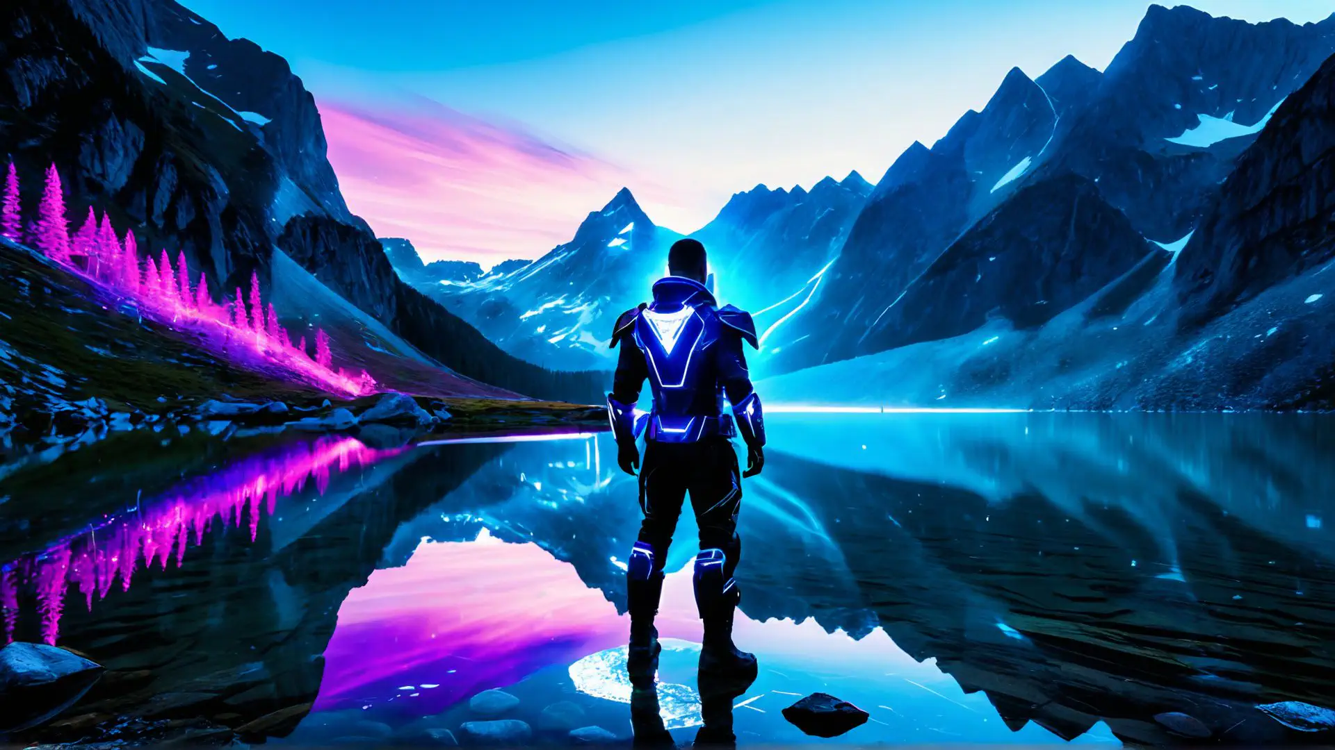 Futuristisch berglandschap met neon verlichting en spiegelend meer