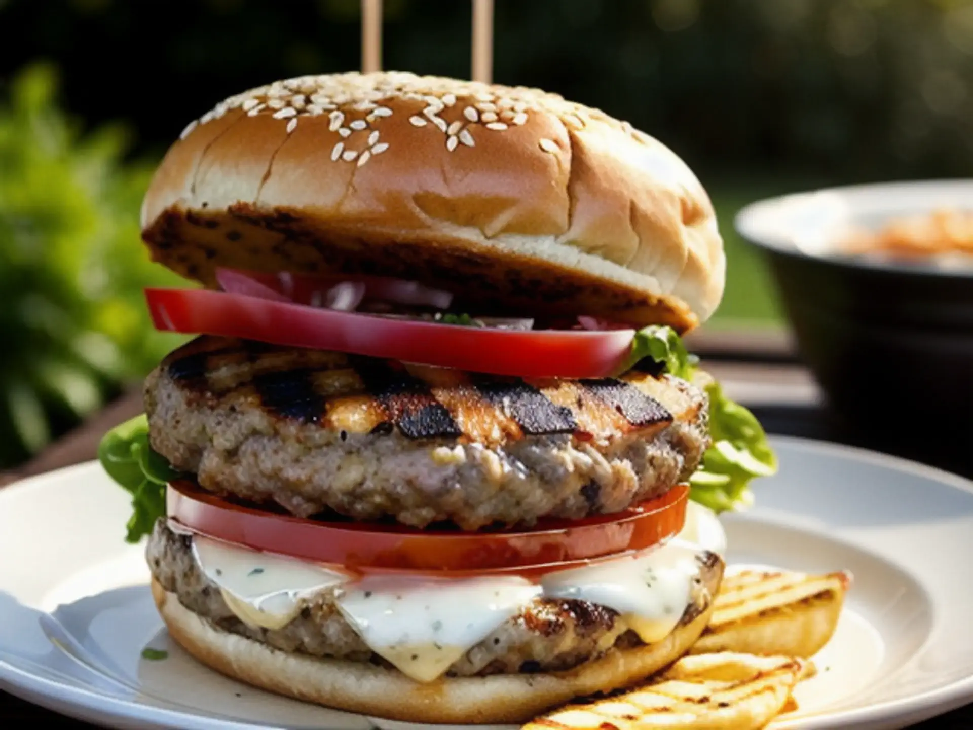 Sappige dubbele cheeseburger met gegrild vlees en verse groenten