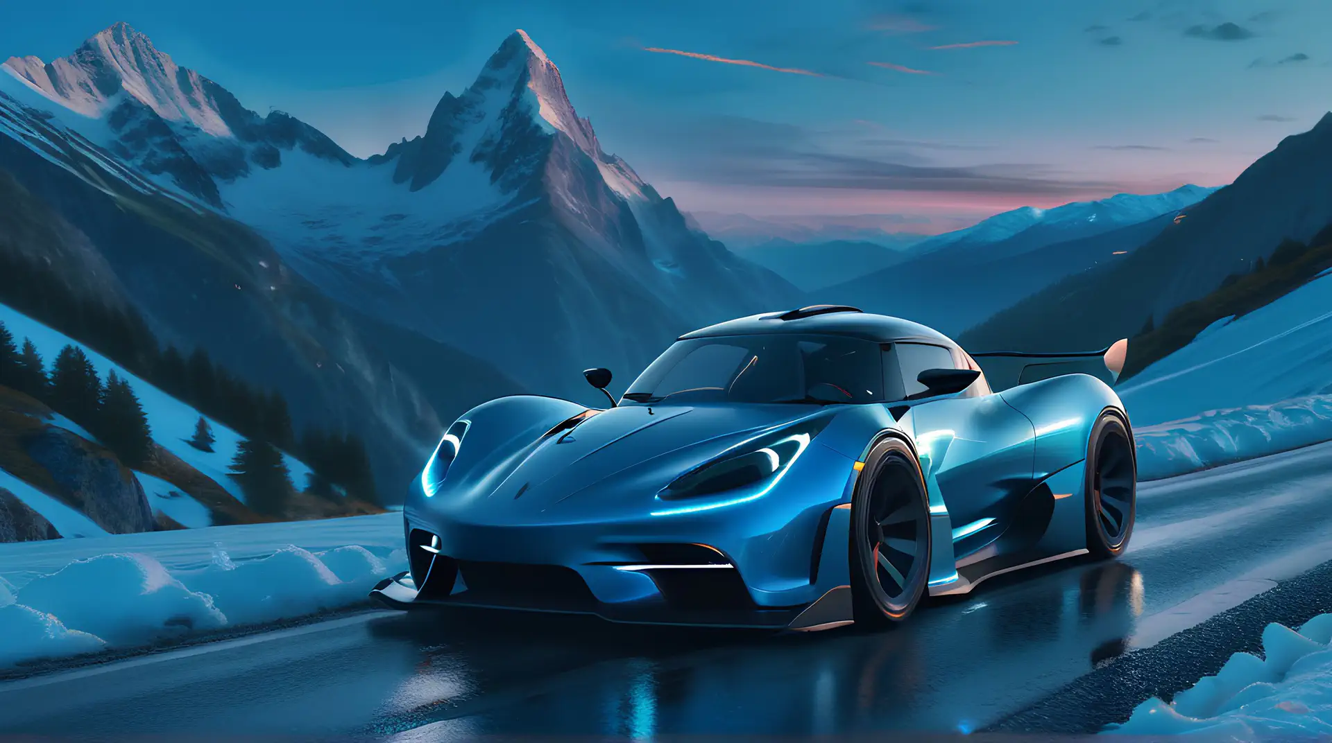Blauwe Hypercar op Bergpas bij Alpengloed 4K Wallpaper