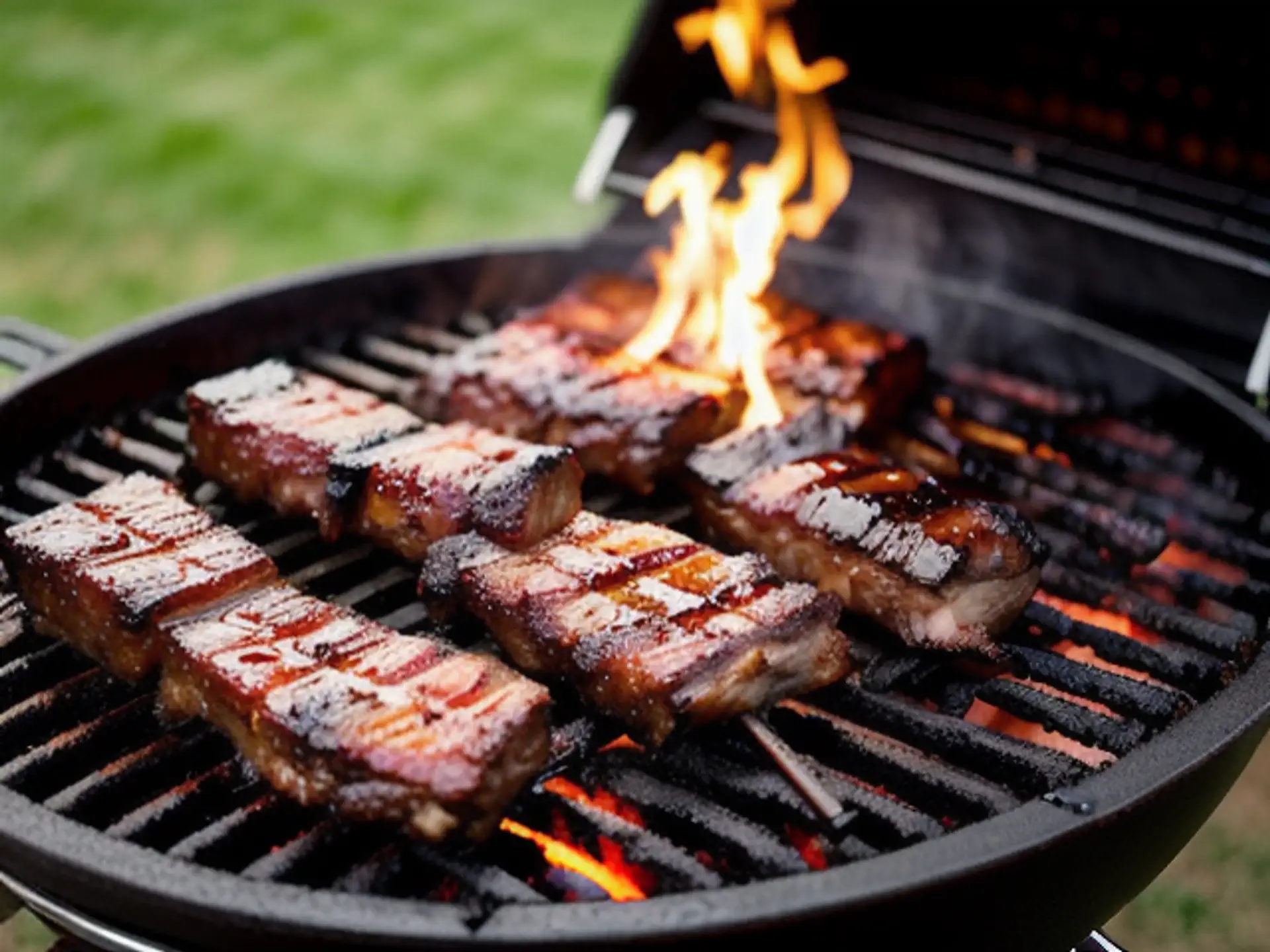 Sappige spareribs op de barbecue met perfect grillpatroon en vlammen