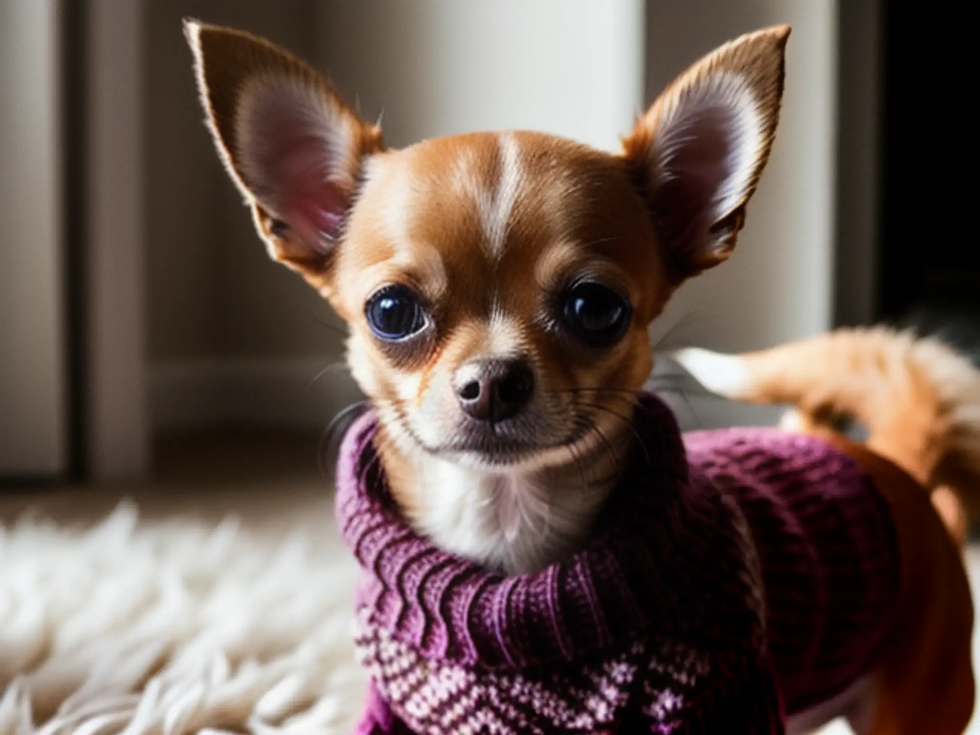 Schattige Chihuahua in paarse gebreide trui op zachte deken