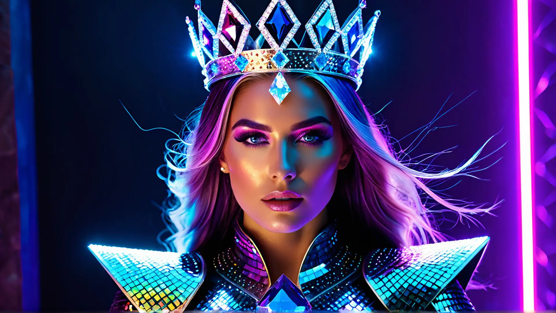 Futuristische fantasie portret met kristallen kroon en neonverlichting