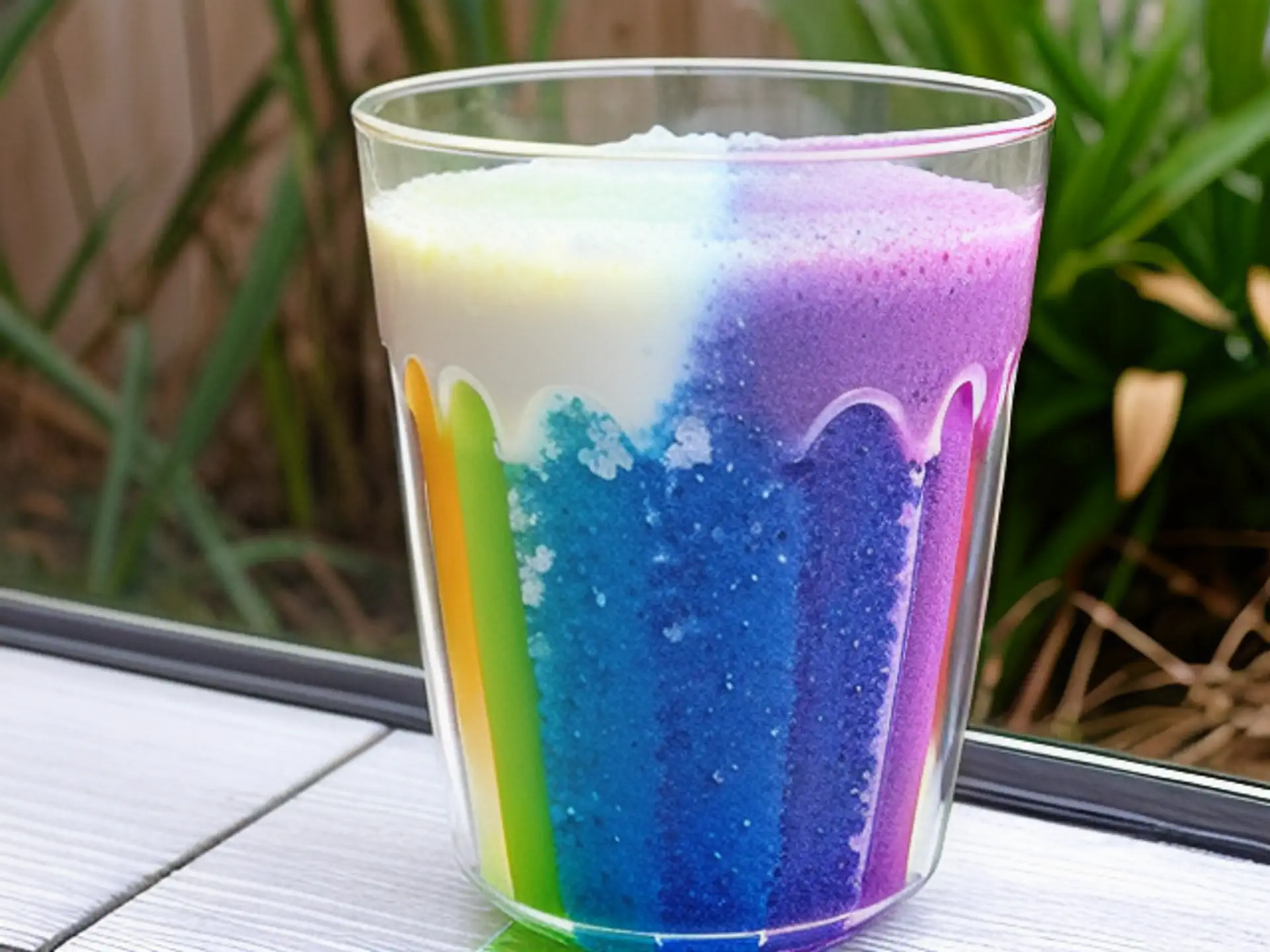 Kleurrijke regenboog smoothie in glas met tropische tuinachtergrond
