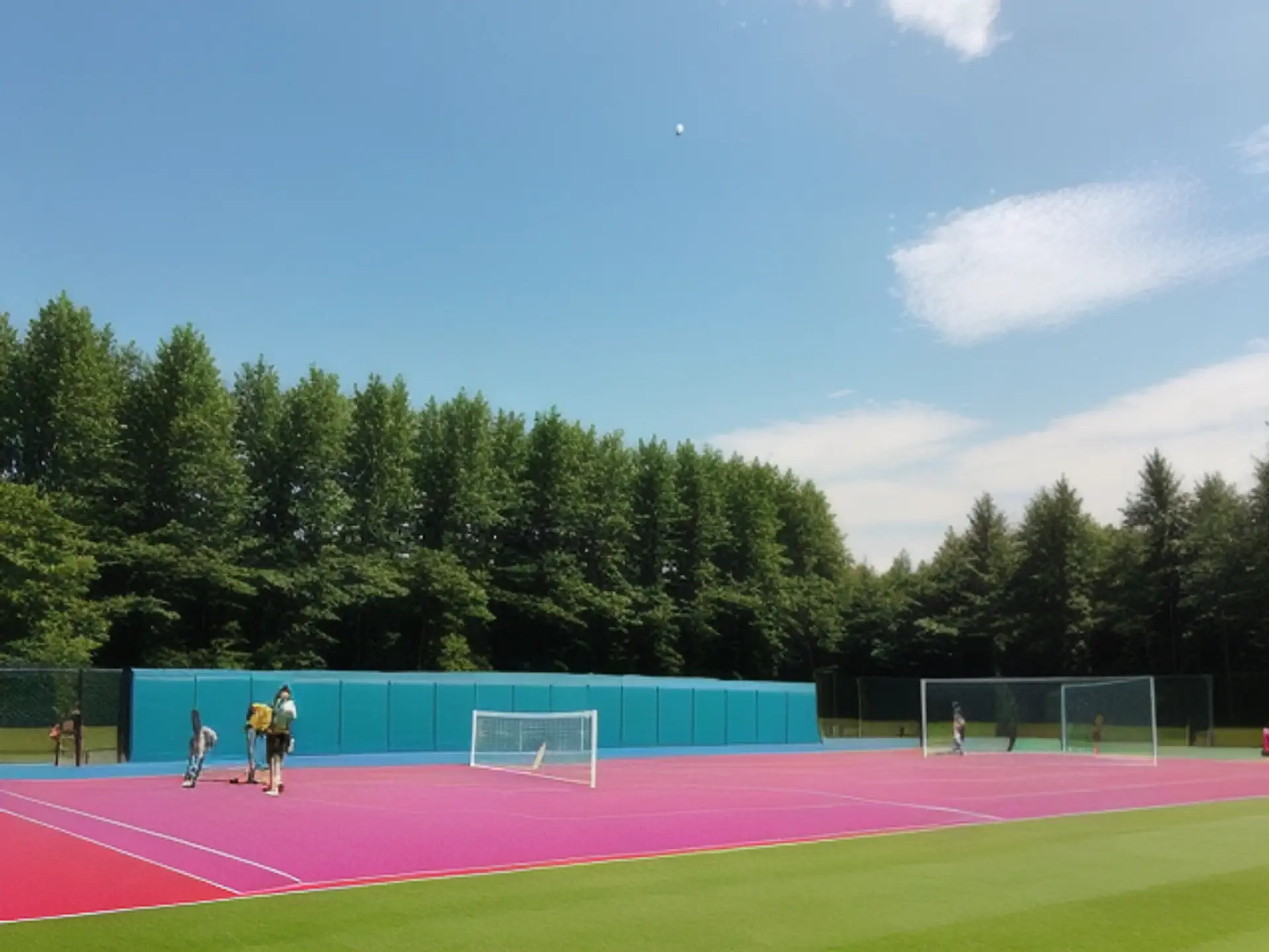 Kleurrijk multifunctioneel sportveld met roze kunstgras en