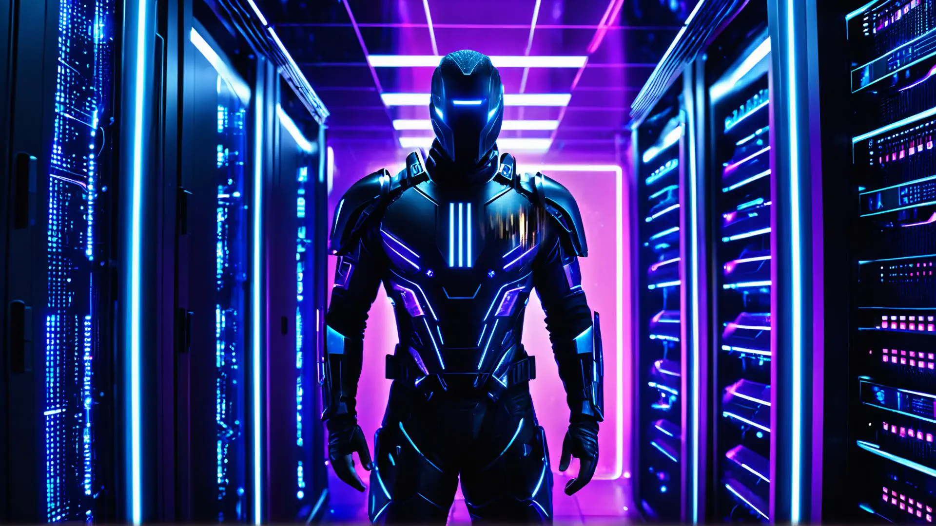Futuristische robot in neon verlicht datacentrum met cyberpunk sfeer