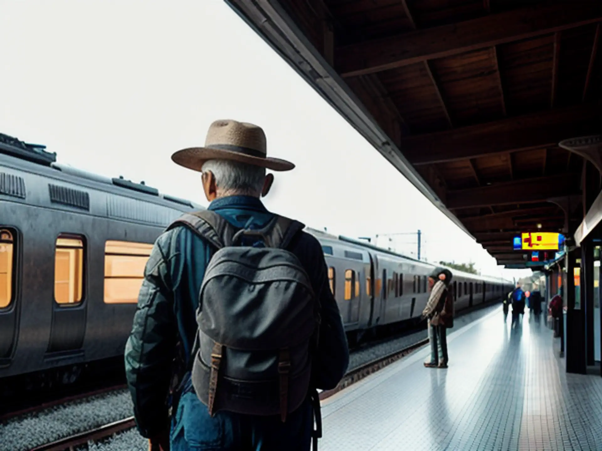 Reiziger met rugzak wacht op perron bij vertrekkende trein
