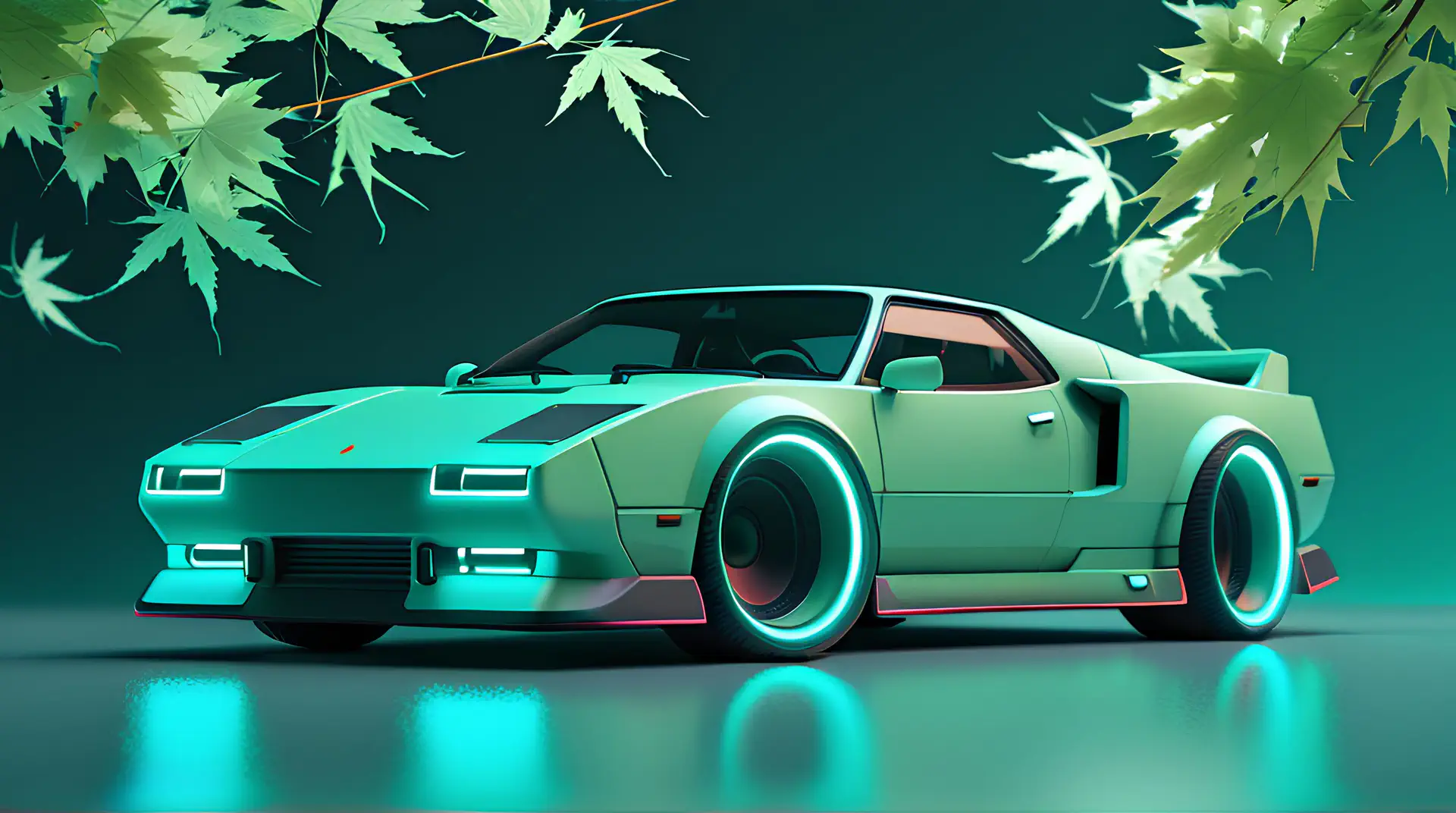 Mintgroene Retro Sportwagen met Neon Wielen onder Esdoorn 4K Wallpaper
