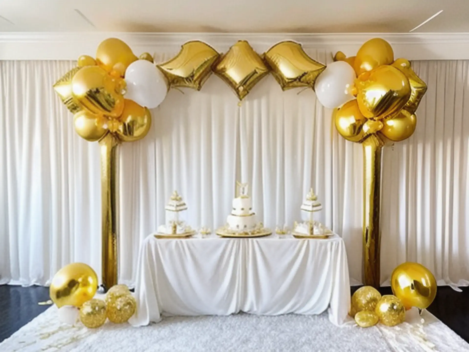 Luxe feestdecoratie met gouden ballonnenboog en witte bruidstaarten