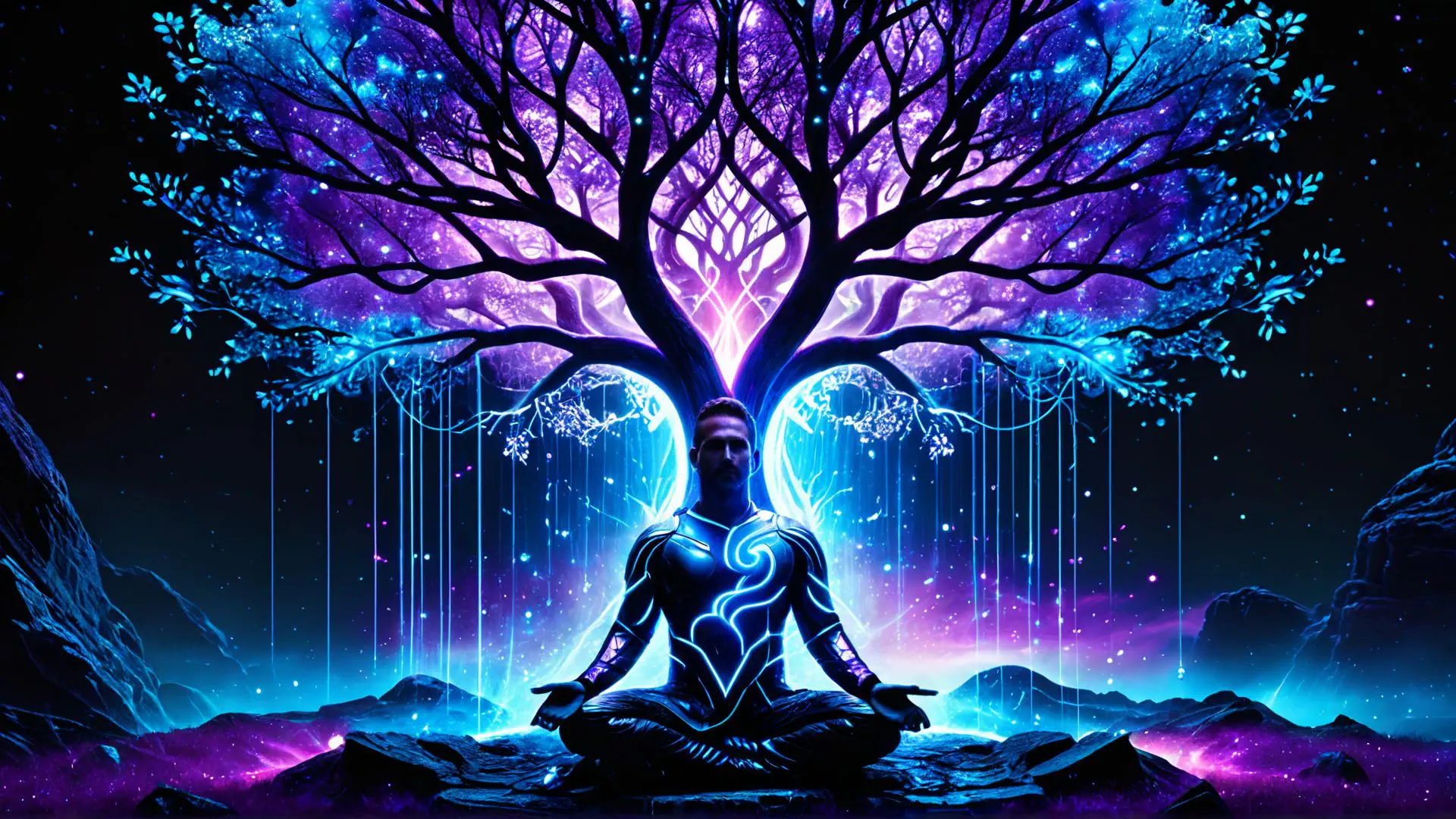Mystieke levensboom met meditatieve energie in neon kleuren