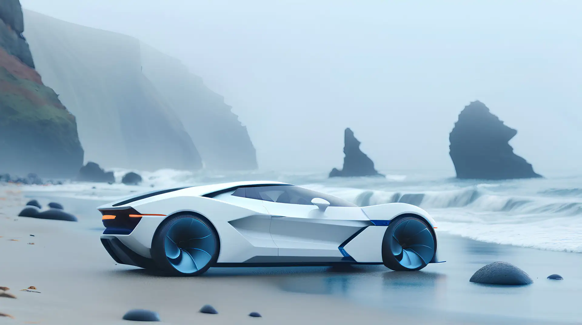 Futuristische Witte Concept Car op Mistig Kustlandschap 4K Wallpaper