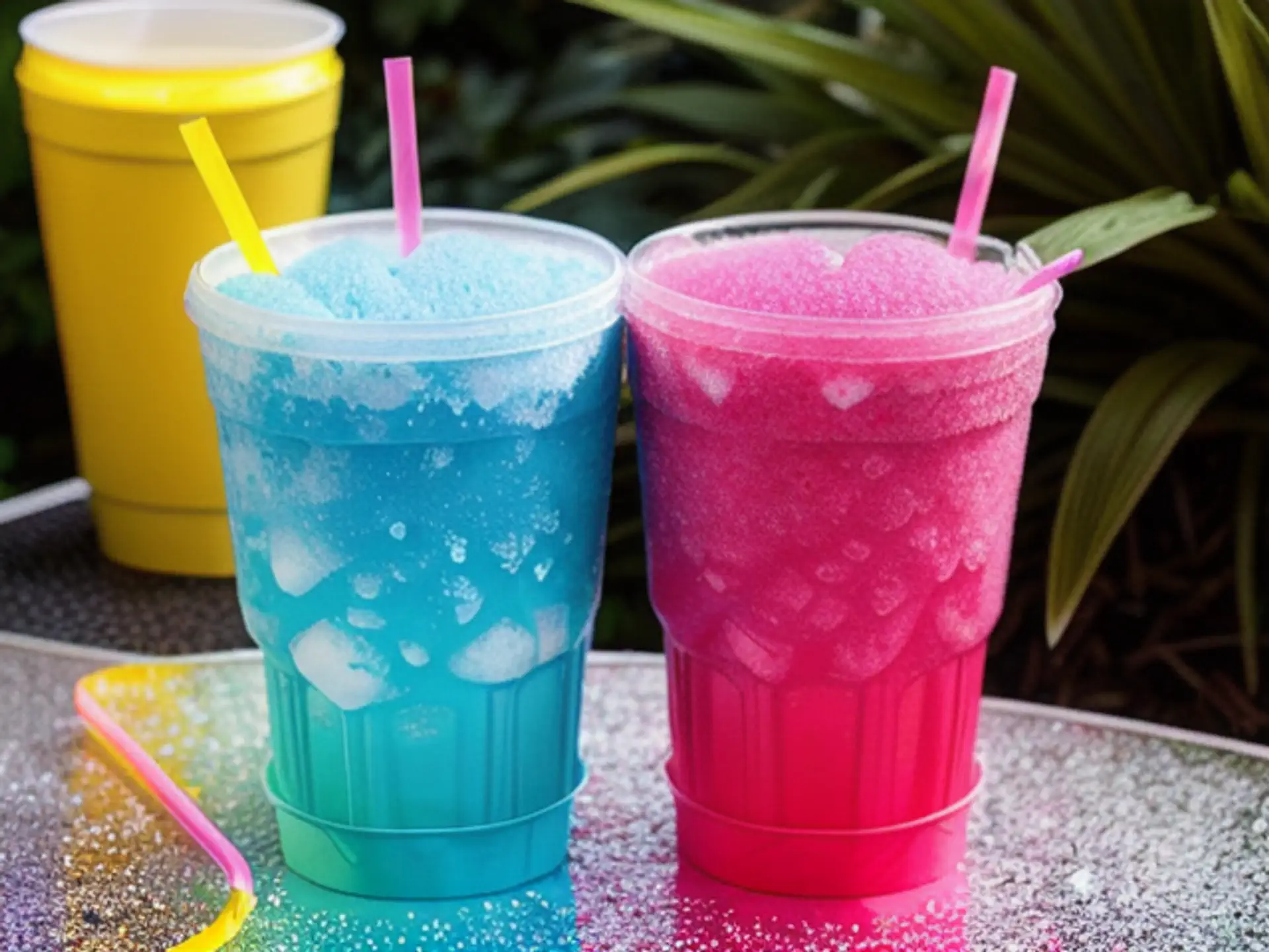 Kleurrijke zomerdrankjes met crushed ice en rietjes in tropische