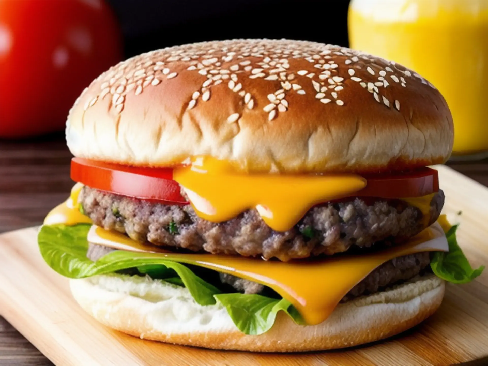 Sappige dubbele cheeseburger met verse groenten op sesambroodje