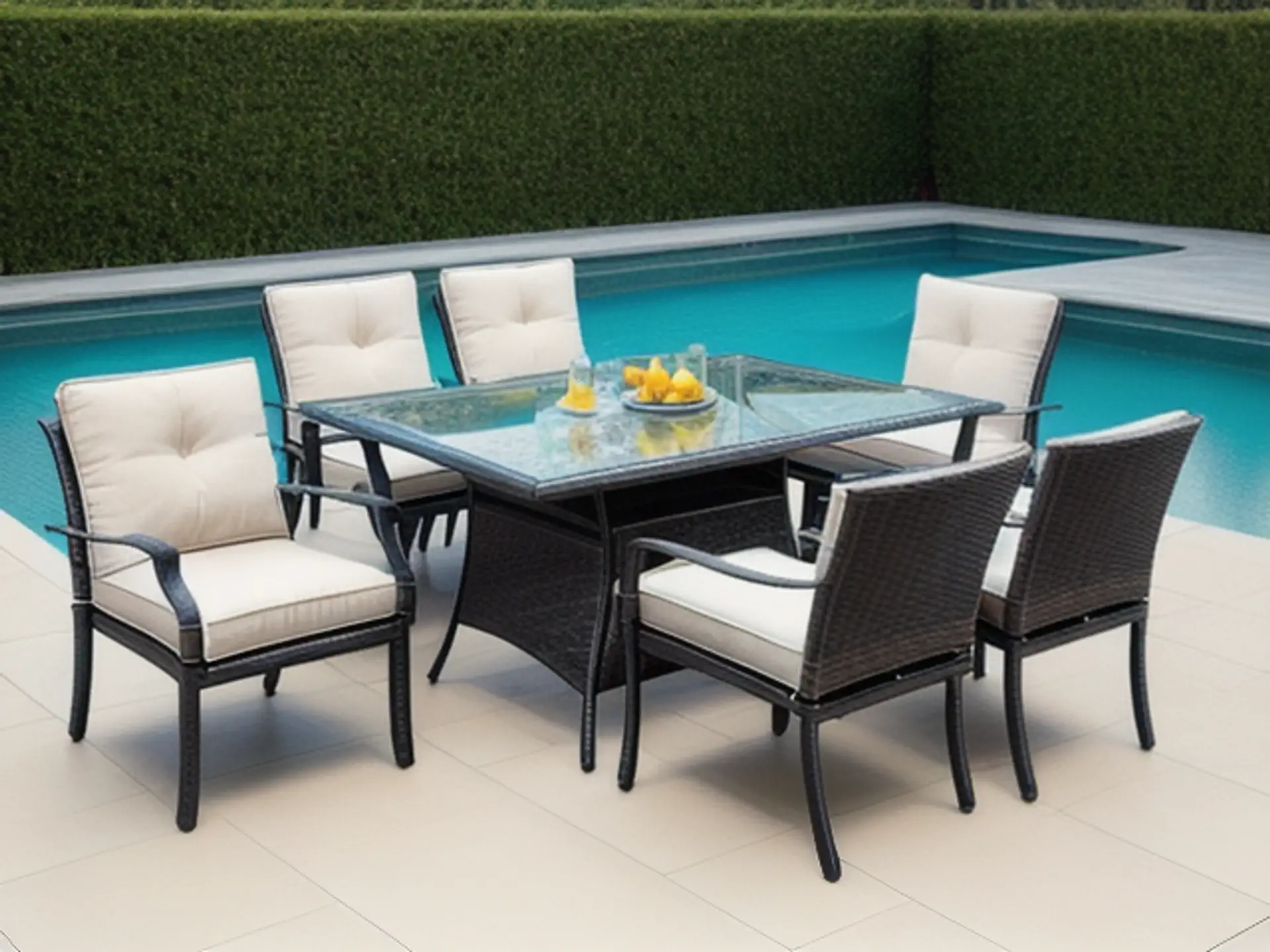 Luxe tuinset met glazen tafel en witte kussens bij zwembad