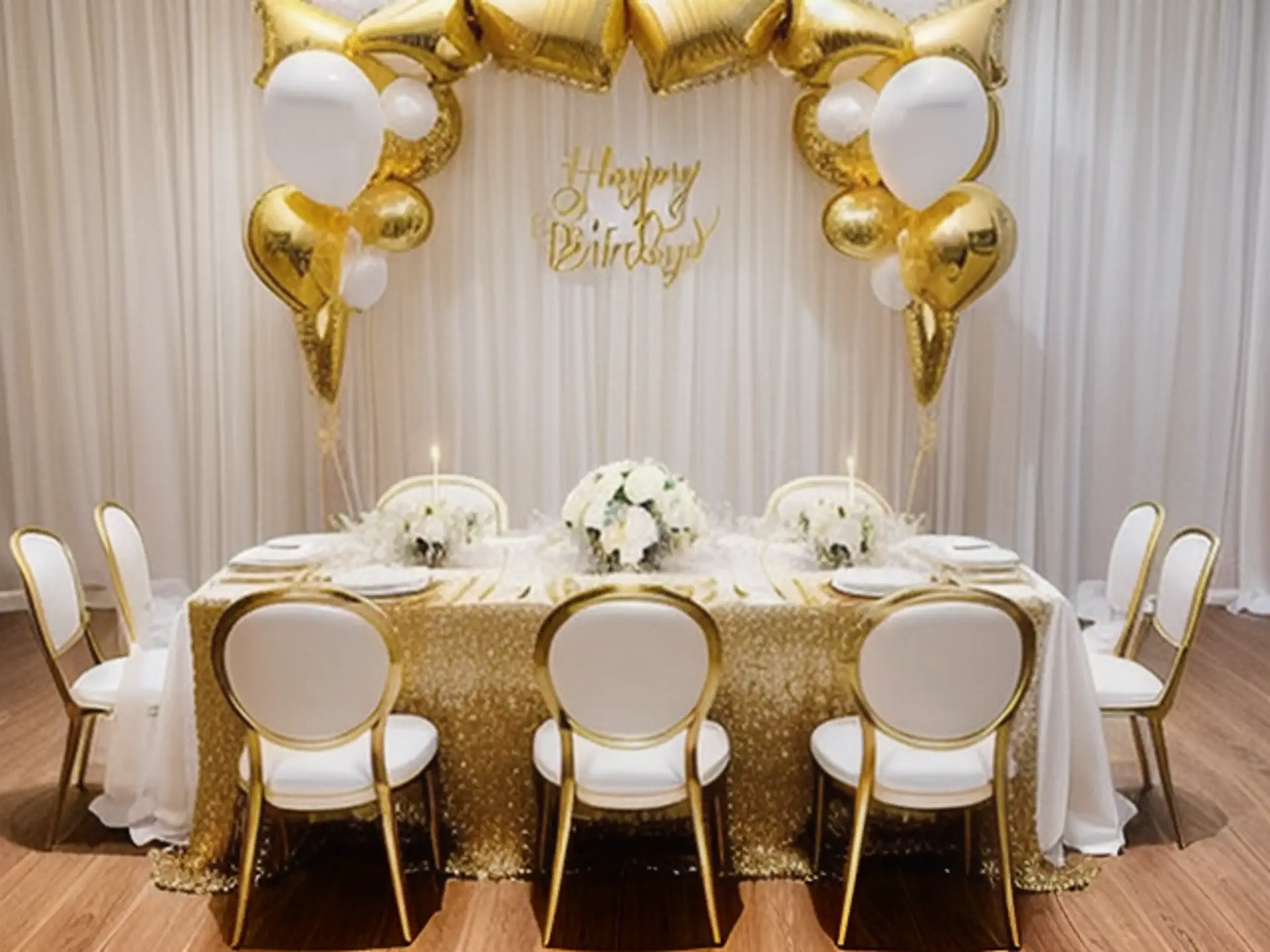 Luxe verjaardagstafel met gouden ballonnen en witte stoelen decoratie