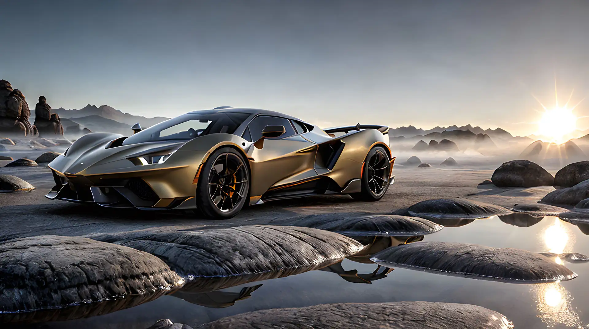 Gouden Hypercar op Rotslandschap: Zonsopgang Reflecties in 4K Achtergrond