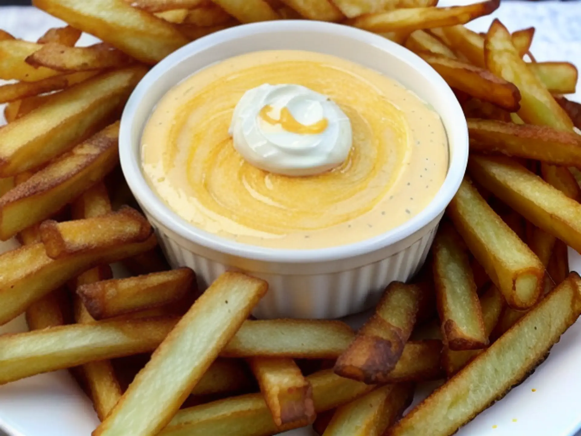 Knapperige friet met romige frietsaus en mayonaise in schaaltje