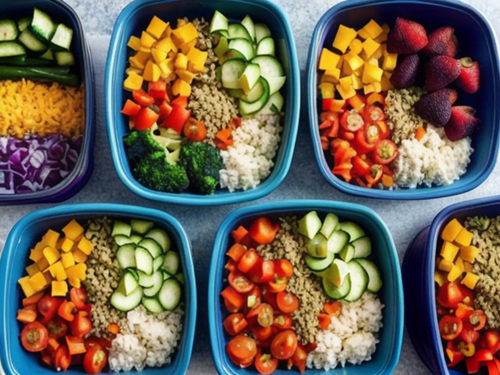 Kleurrijke meal prep bowls met verse groenten en quinoa voor gezond