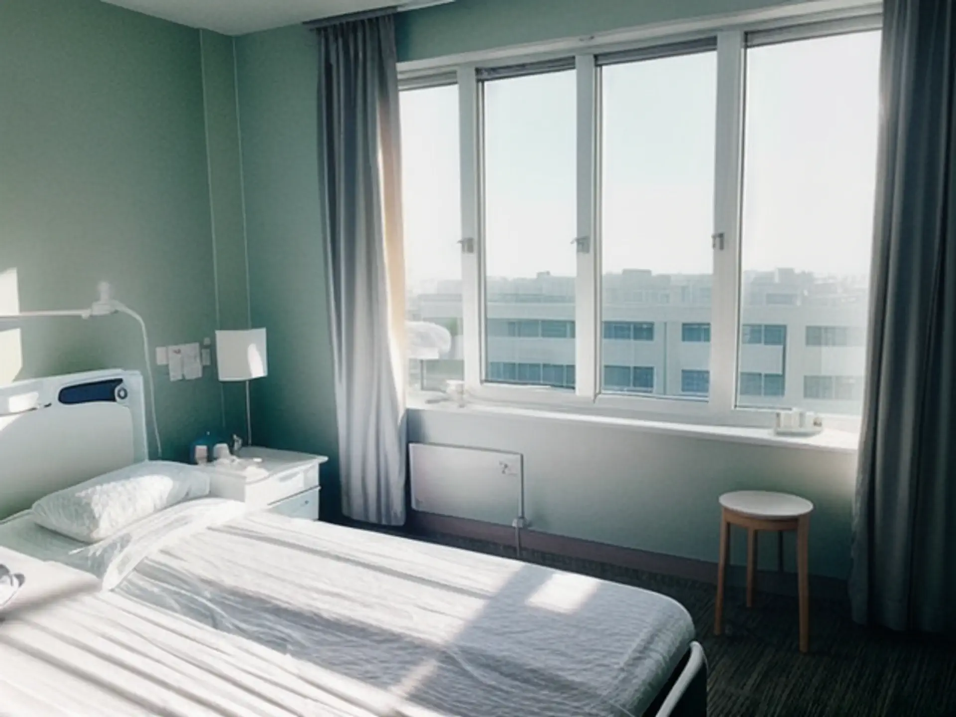 Moderne ziekenhuiskamer met natuurlijk licht en stadsaanzicht