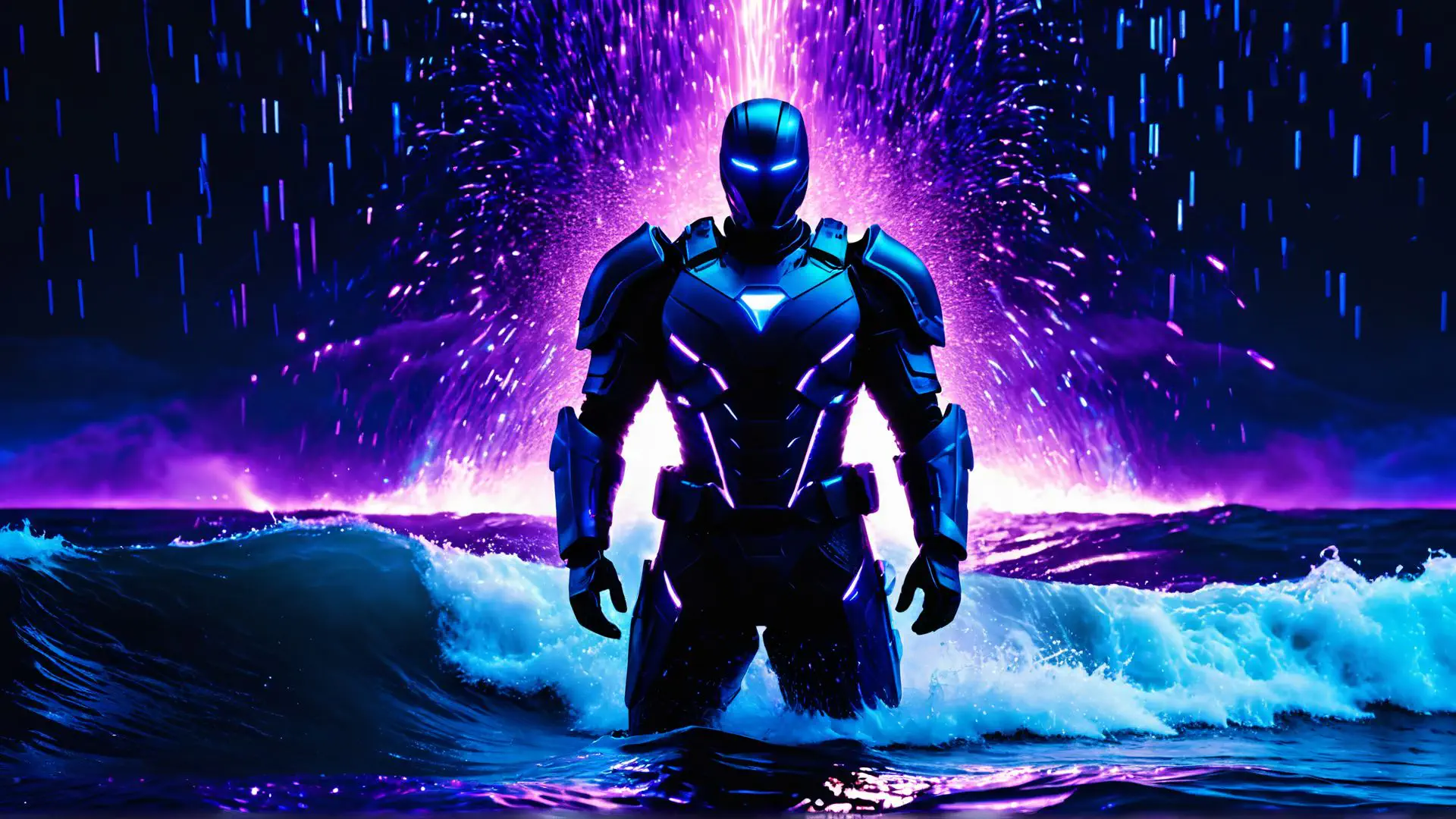 Futuristische robot in neonblauwe oceaan met paarse explosie effect