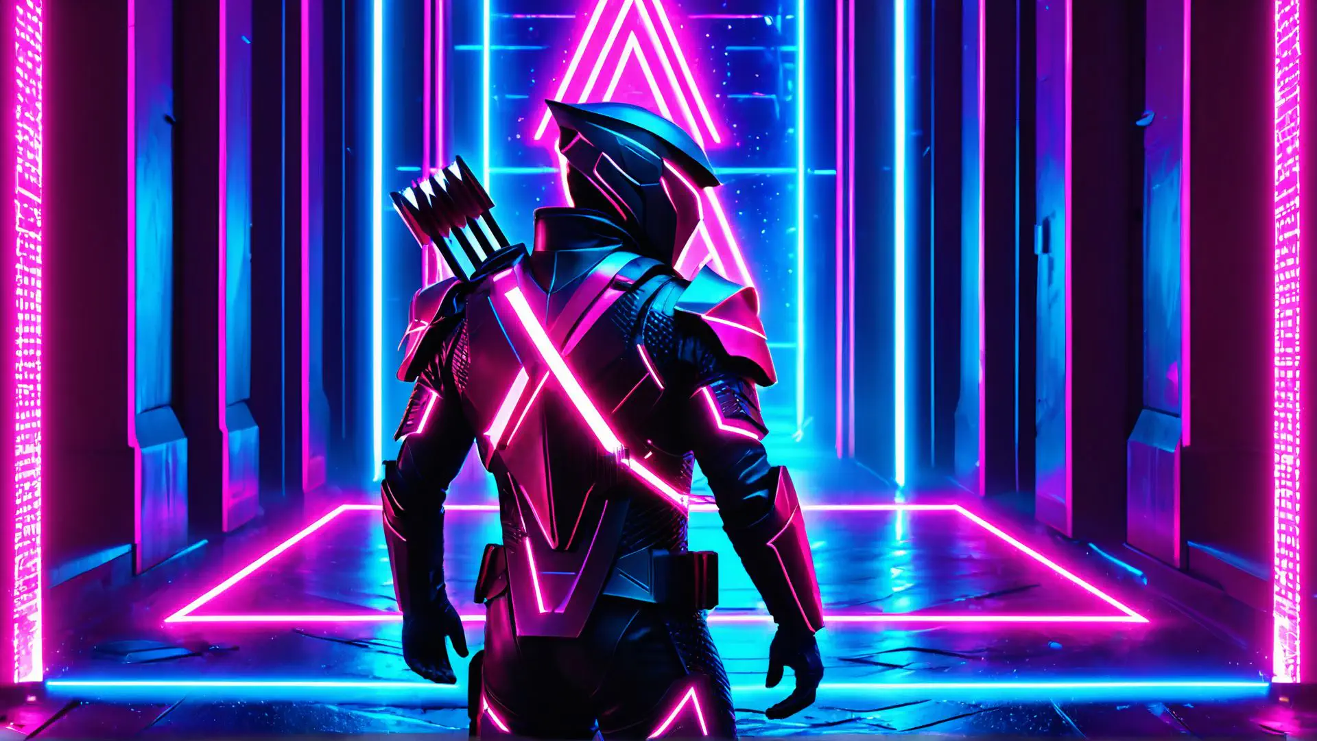 Futuristische krijger in neon cyberpunk setting met pijl en boog