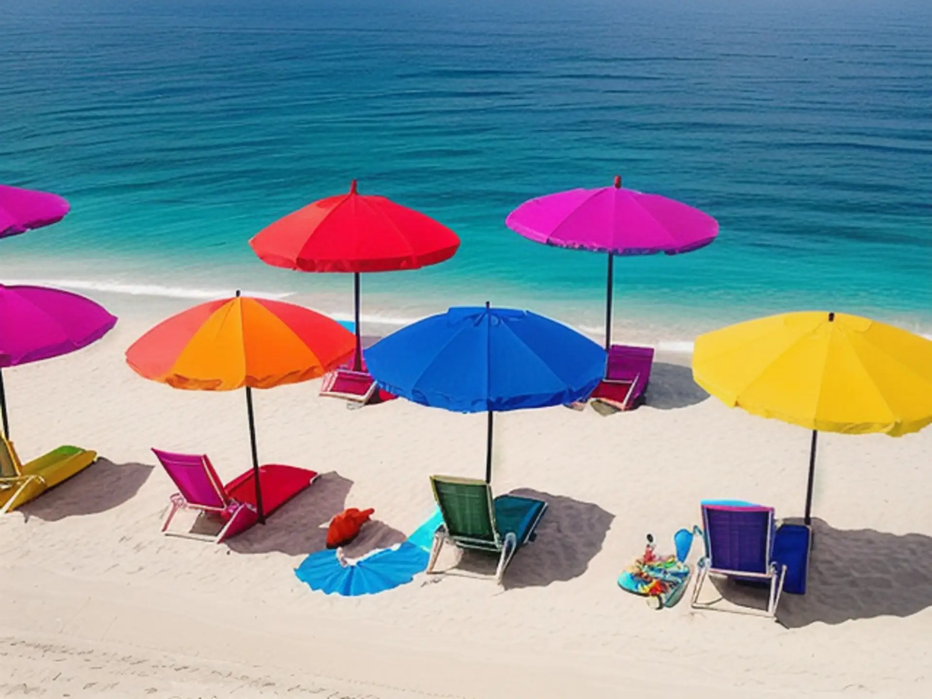 Kleurrijke strandparasols op tropisch wit zandstrand met turquoise zee
