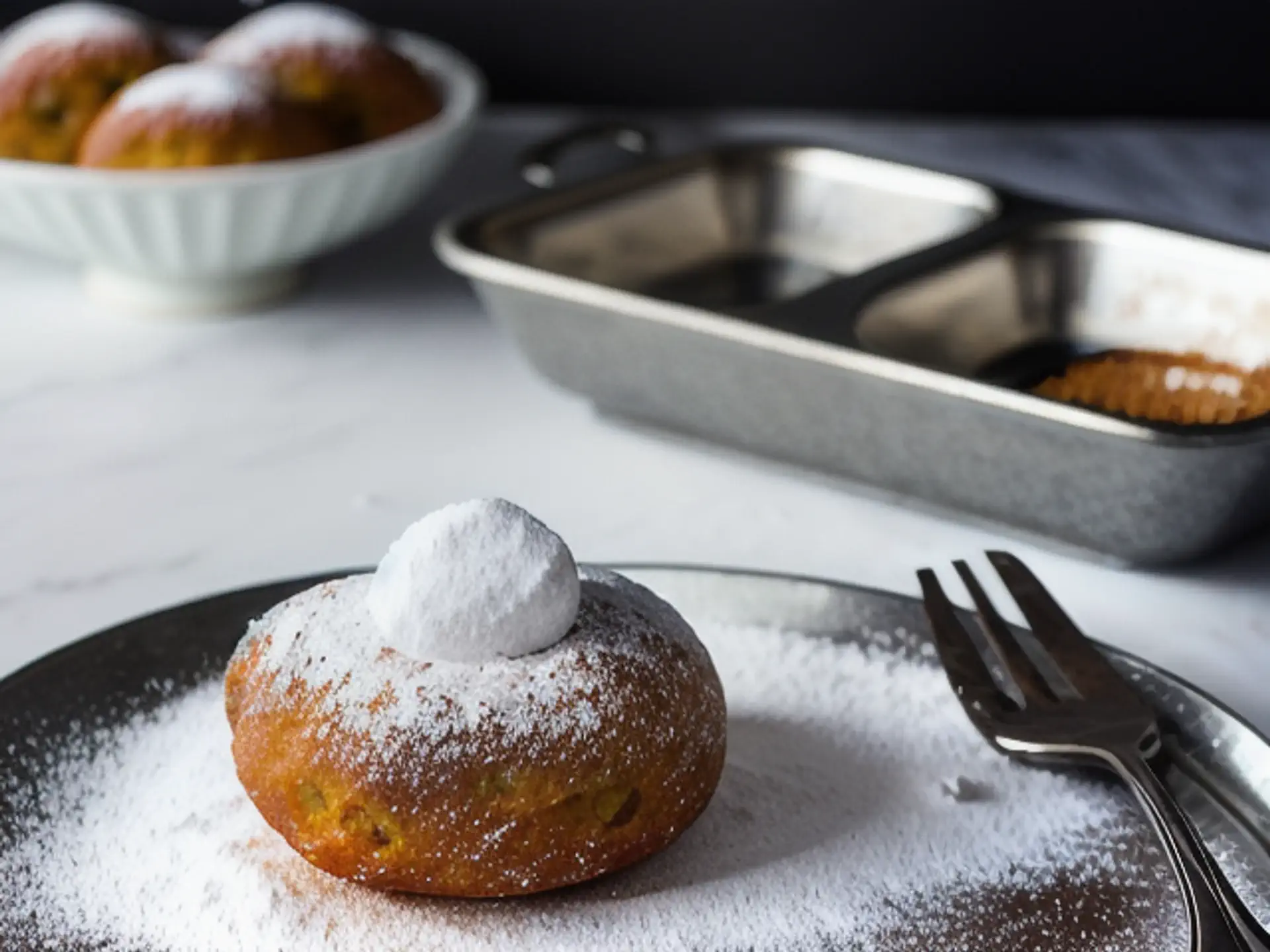 Verse Zweedse semla met poedersuiker op stijlvolle keramische schaal