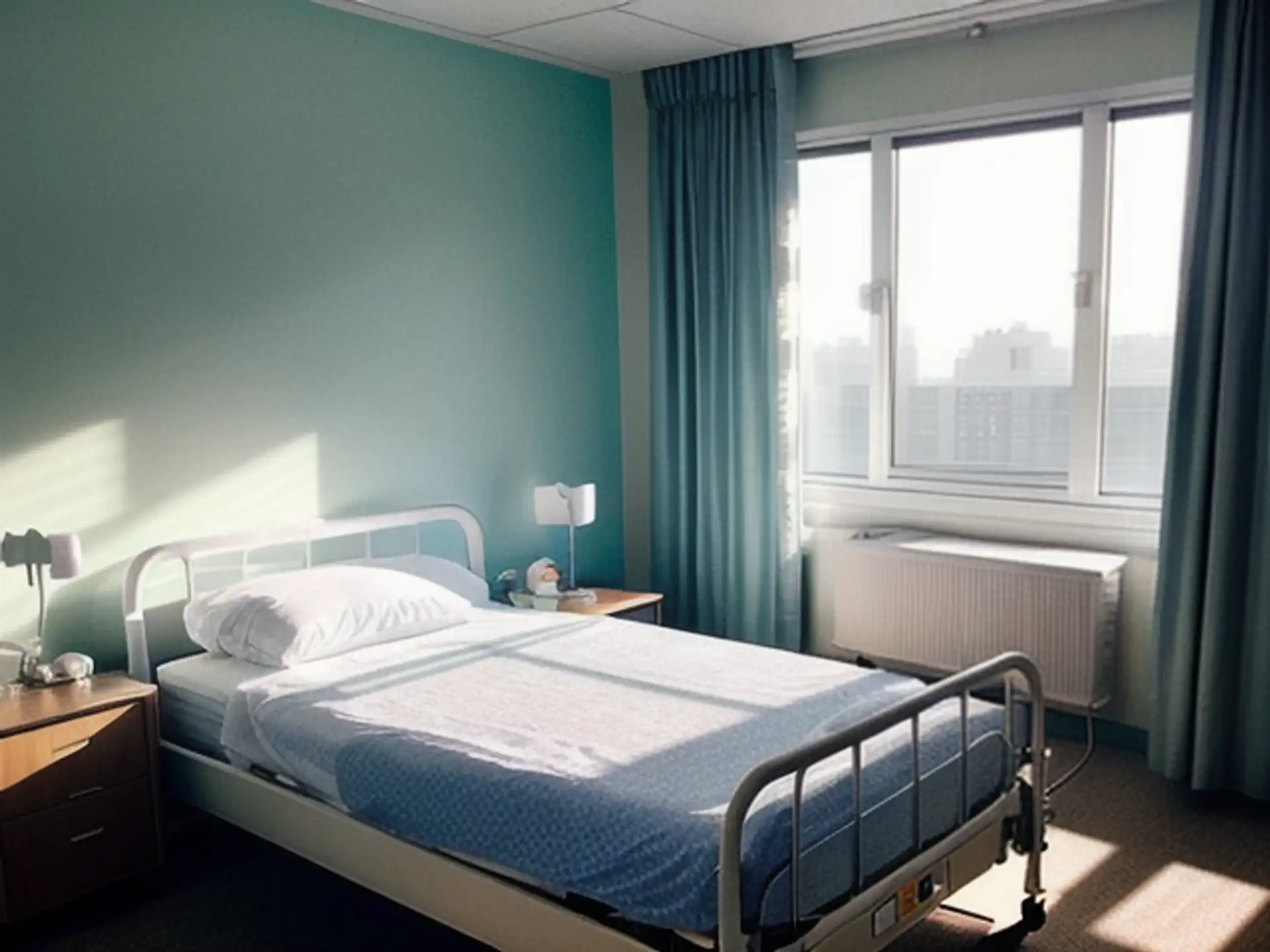 Moderne ziekenhuiskamer met mintgroene muur en natuurlijk daglicht