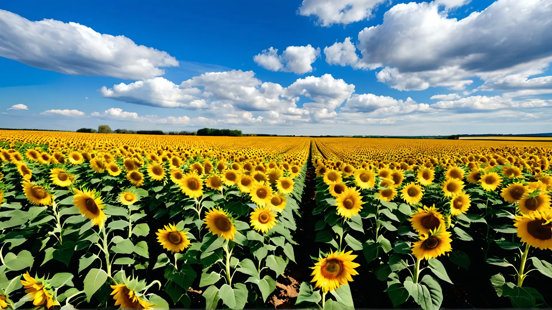 Uitgestrekt zonnebloemenveld onder strakblauwe zomerlucht met wolken