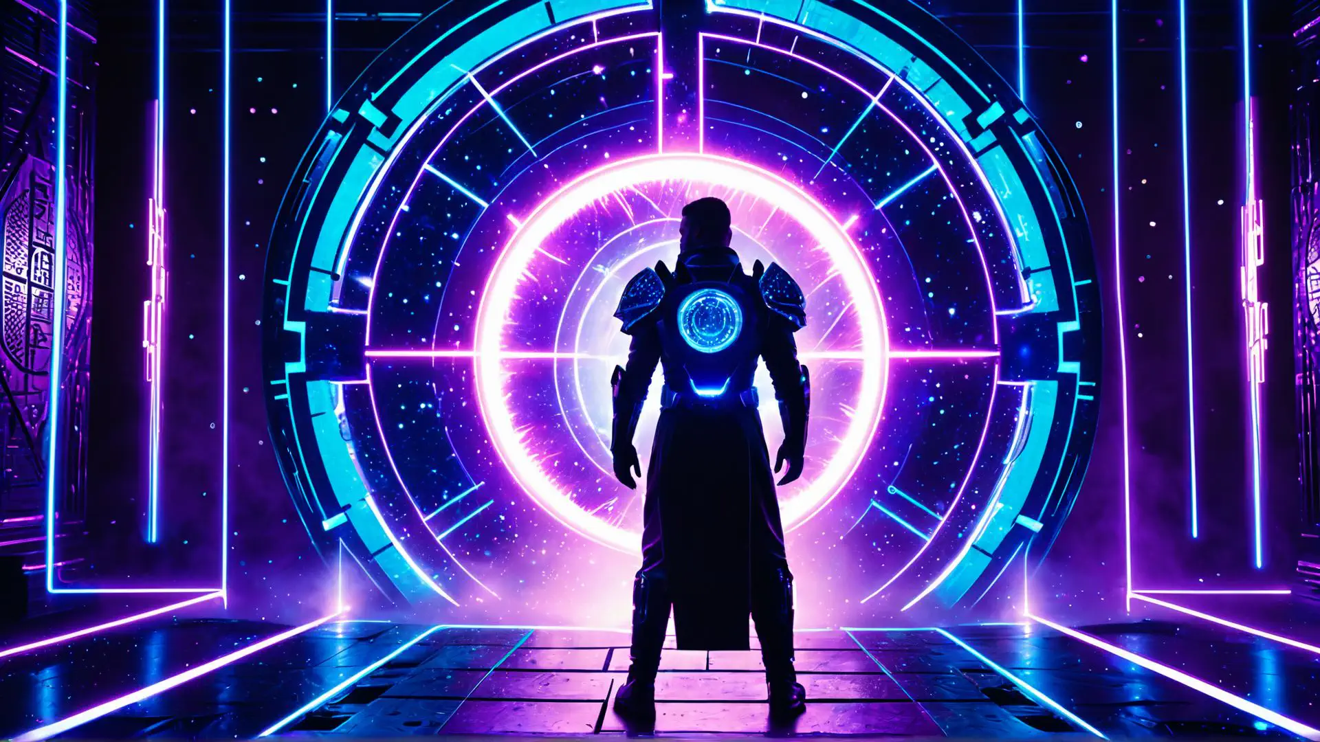 Futuristische cyberpunk krijger in neon portaal met paarse gloed