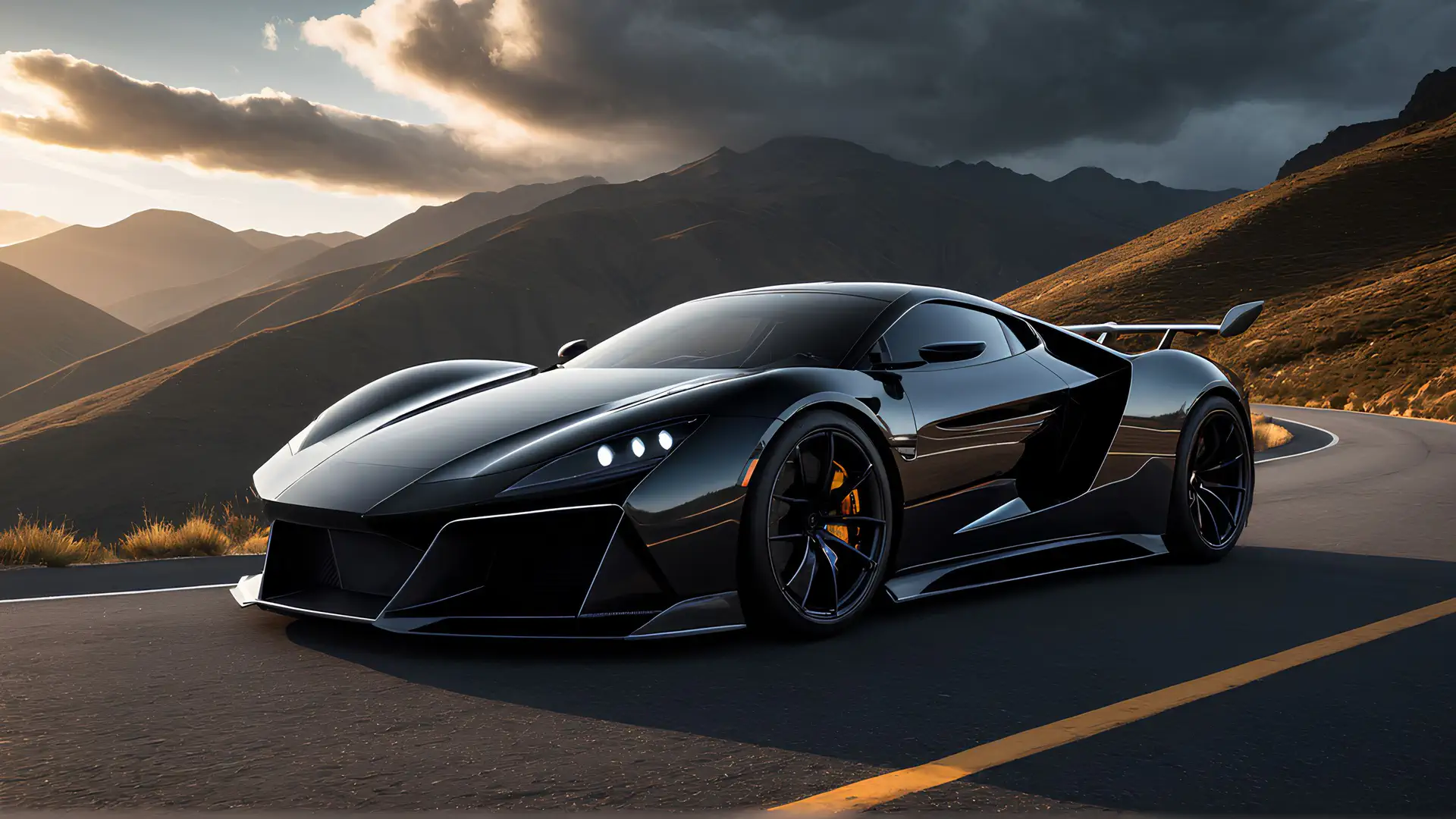 Donkergrijze Hypercar met Gele Remklauwen op Bergpas onder Dramatische Stormlucht