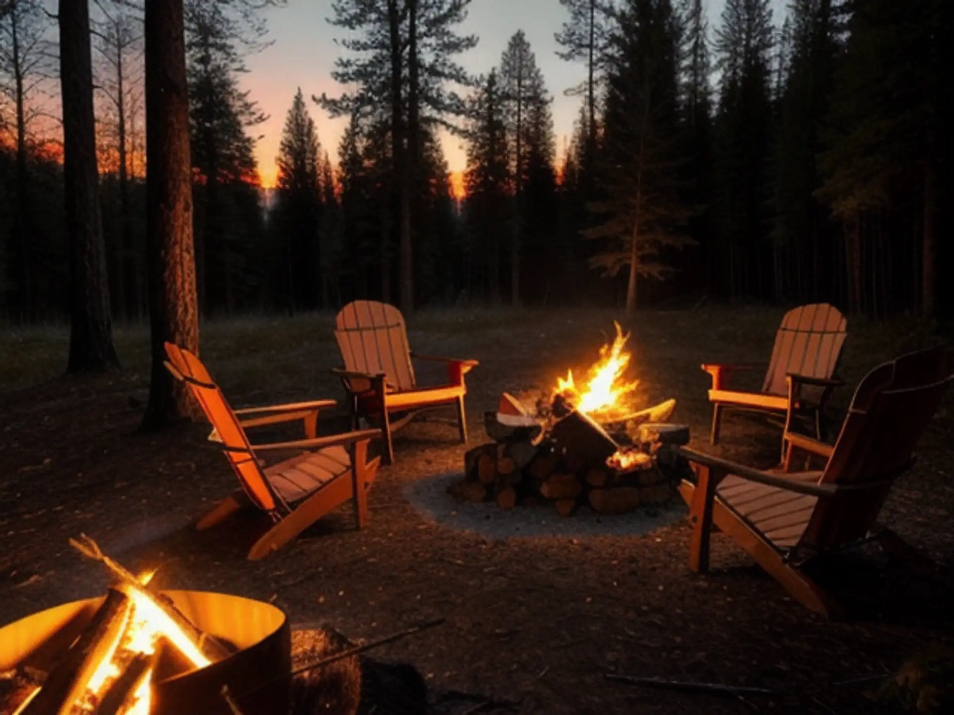 Sfeervol kampvuur in dennenbos met loungestoelen tijdens zonsondergang