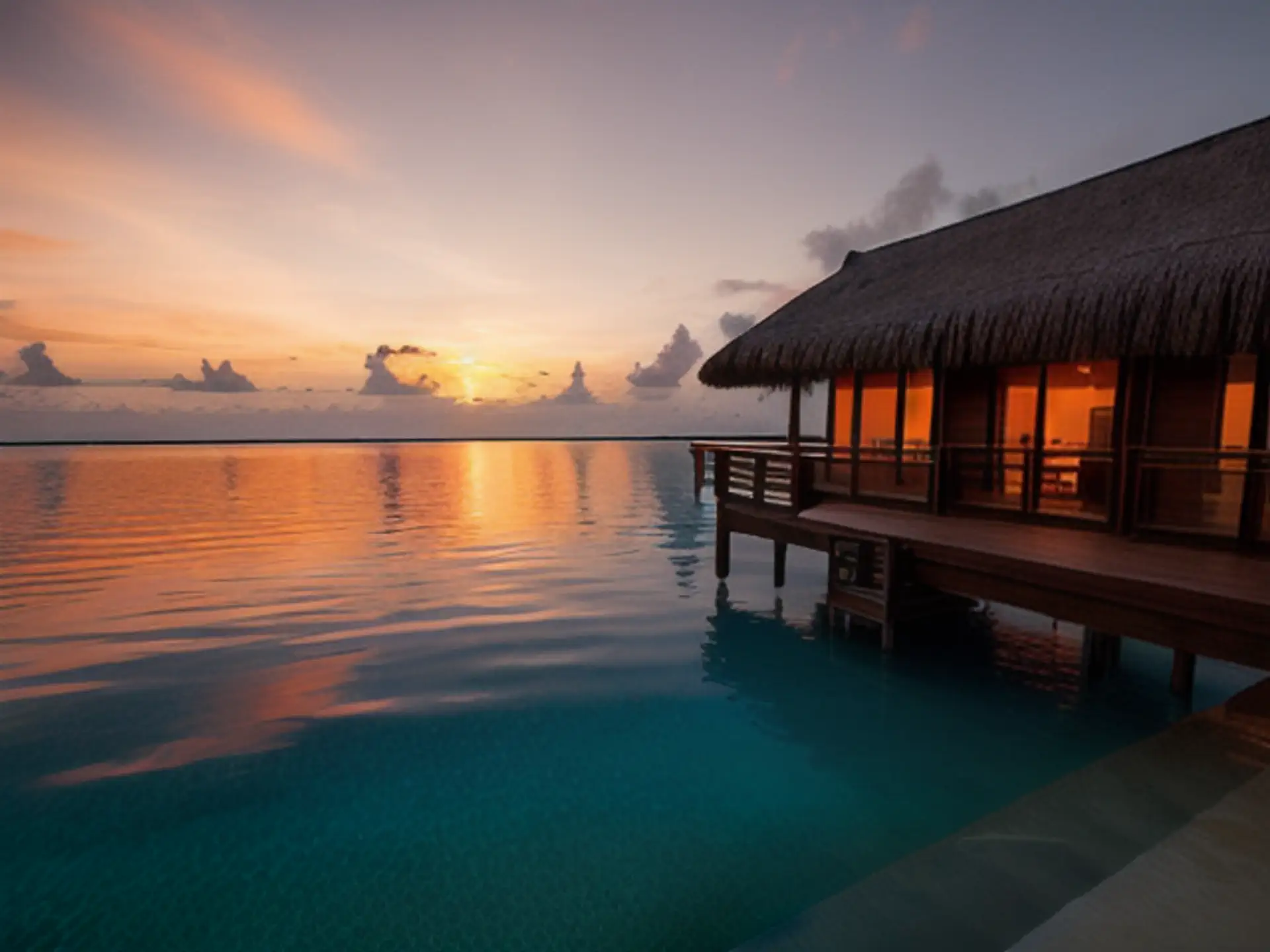 Luxe watervilla bij zonsondergang in tropisch paradijs aan