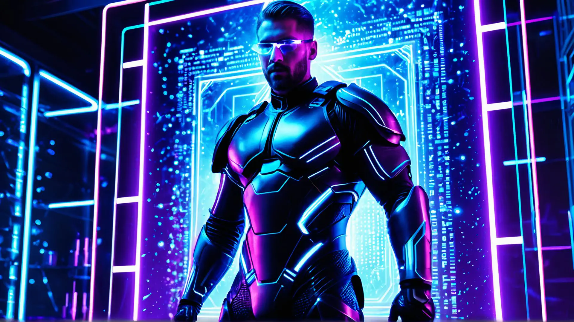 Futuristische cyberpunk krijger in neon verlicht digitaal landschap