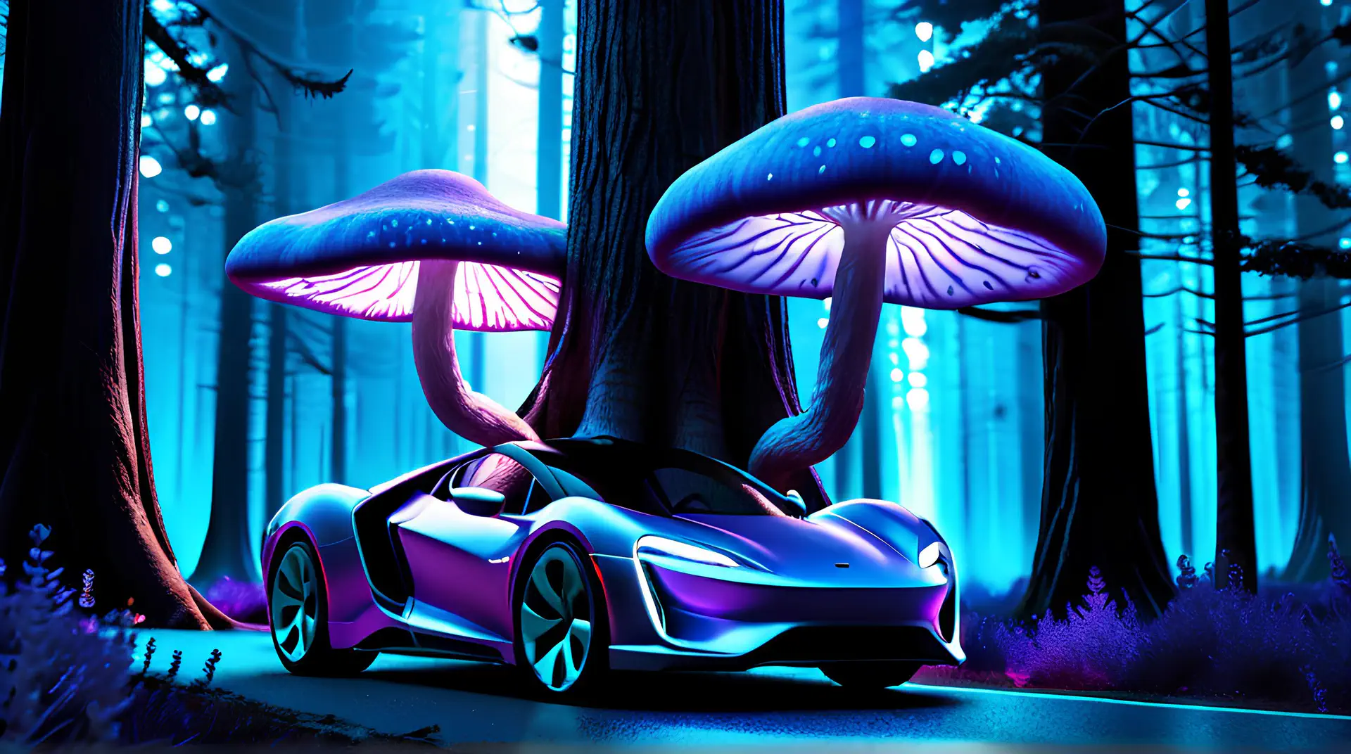 Paarse Hypercar onder Gloeiende Paddestoelen in Blauw Bos 4K Wallpaper
