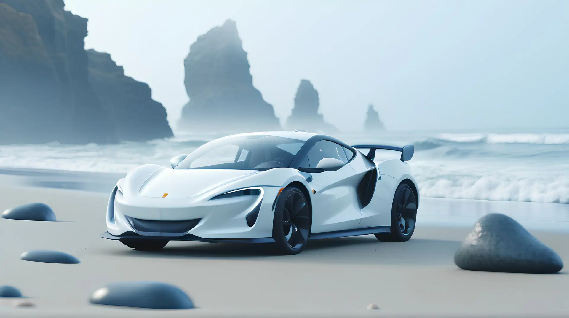 Witte Racewagen op Verlaten Mistig Strand 4K Wallpaper