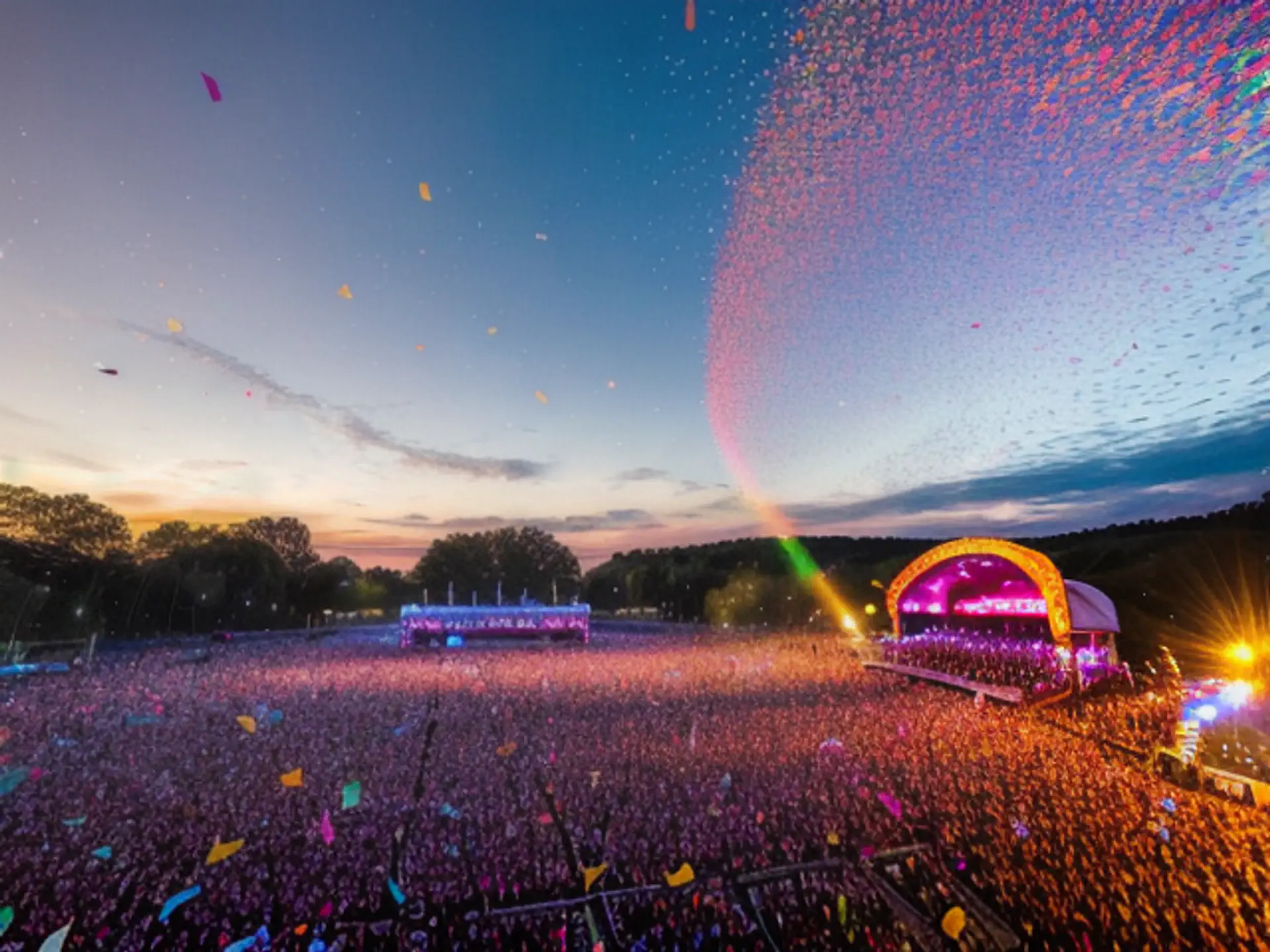 Spectaculair muziekfestival bij zonsondergang met kleurrijke confetti