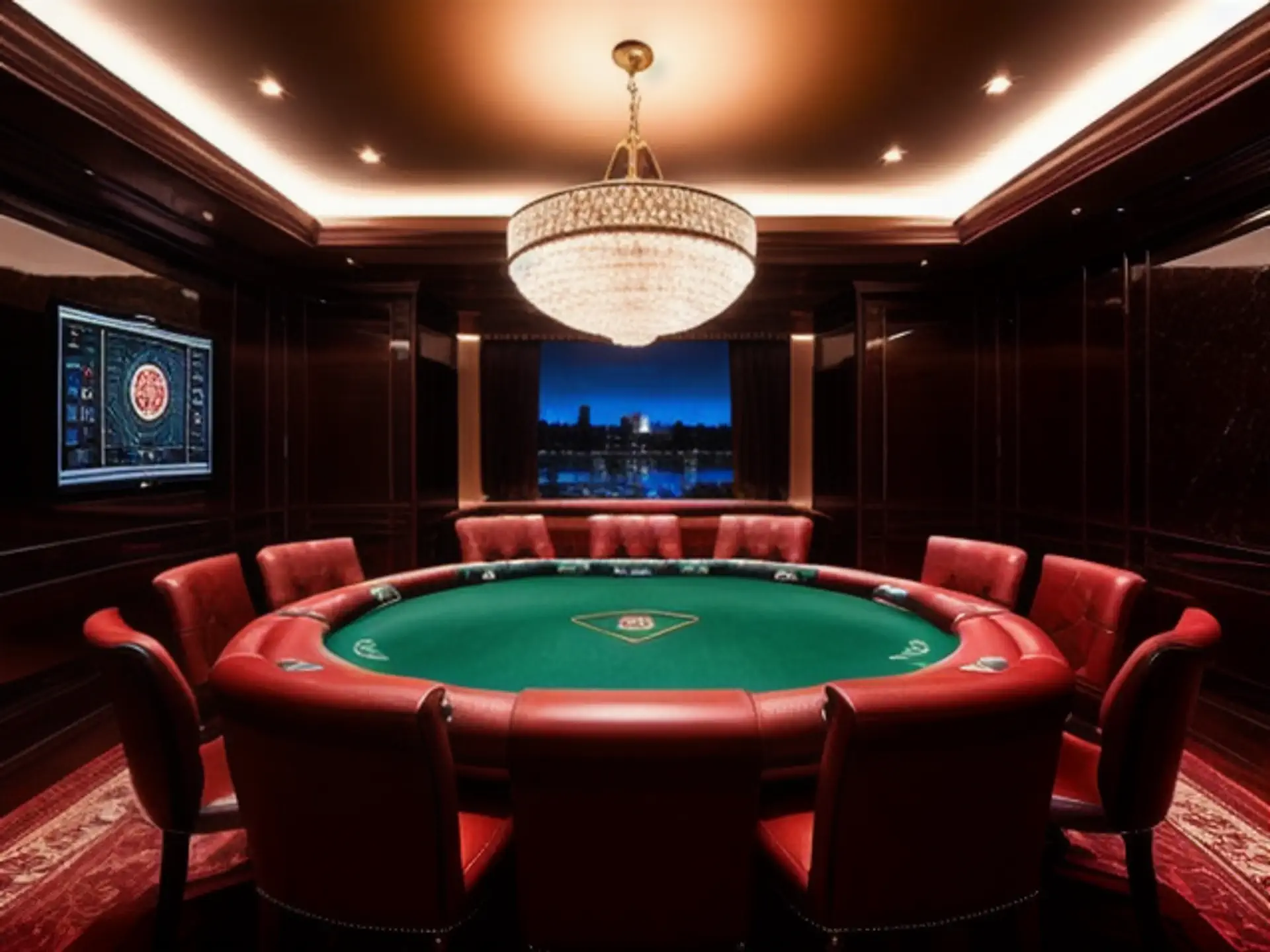 Luxe pokertafel met kristallen kroonluchter in exclusieve speelkamer