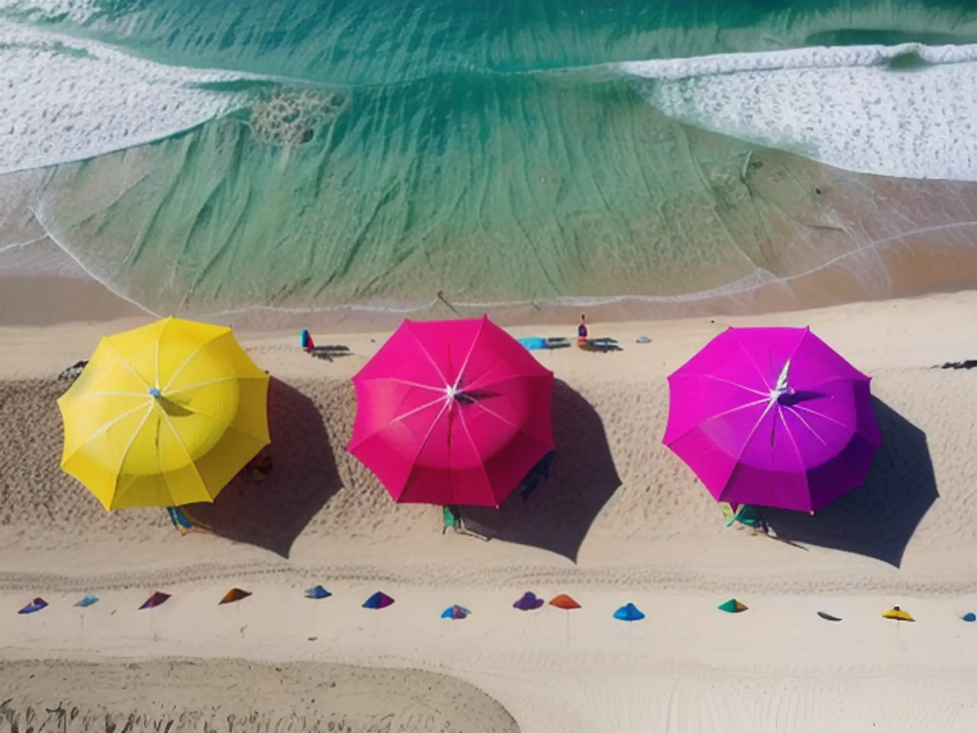Kleurrijke strandparasols aan turquoise zee vanuit vogelperspectief