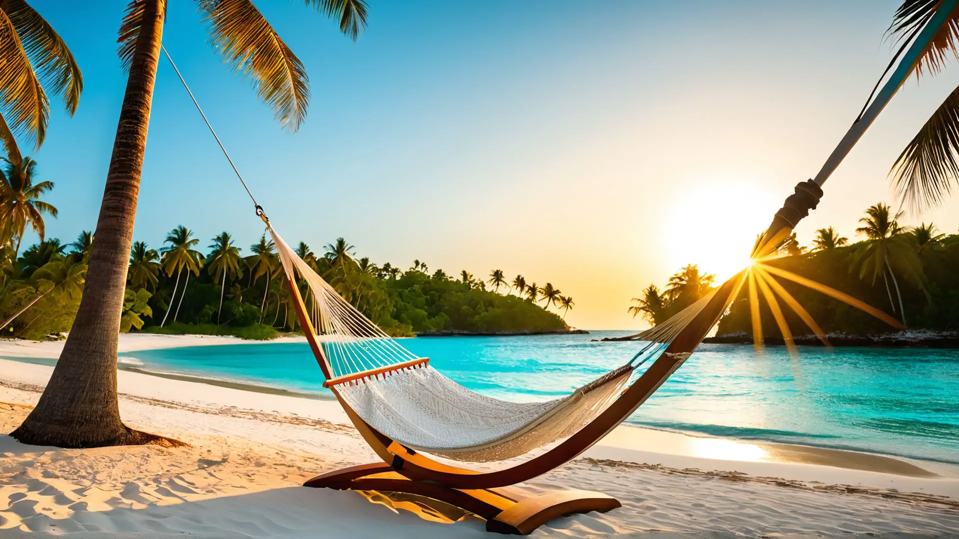 Tropische hangmat bij zonsondergang op paradijselijk strand Malediven