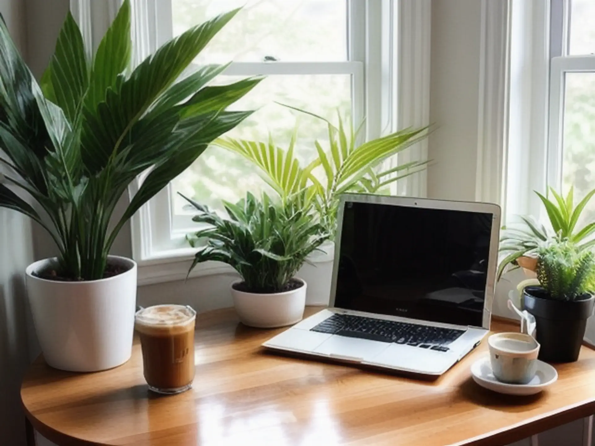 Natuurlijke thuiswerkplek met planten, laptop en verse koffie
