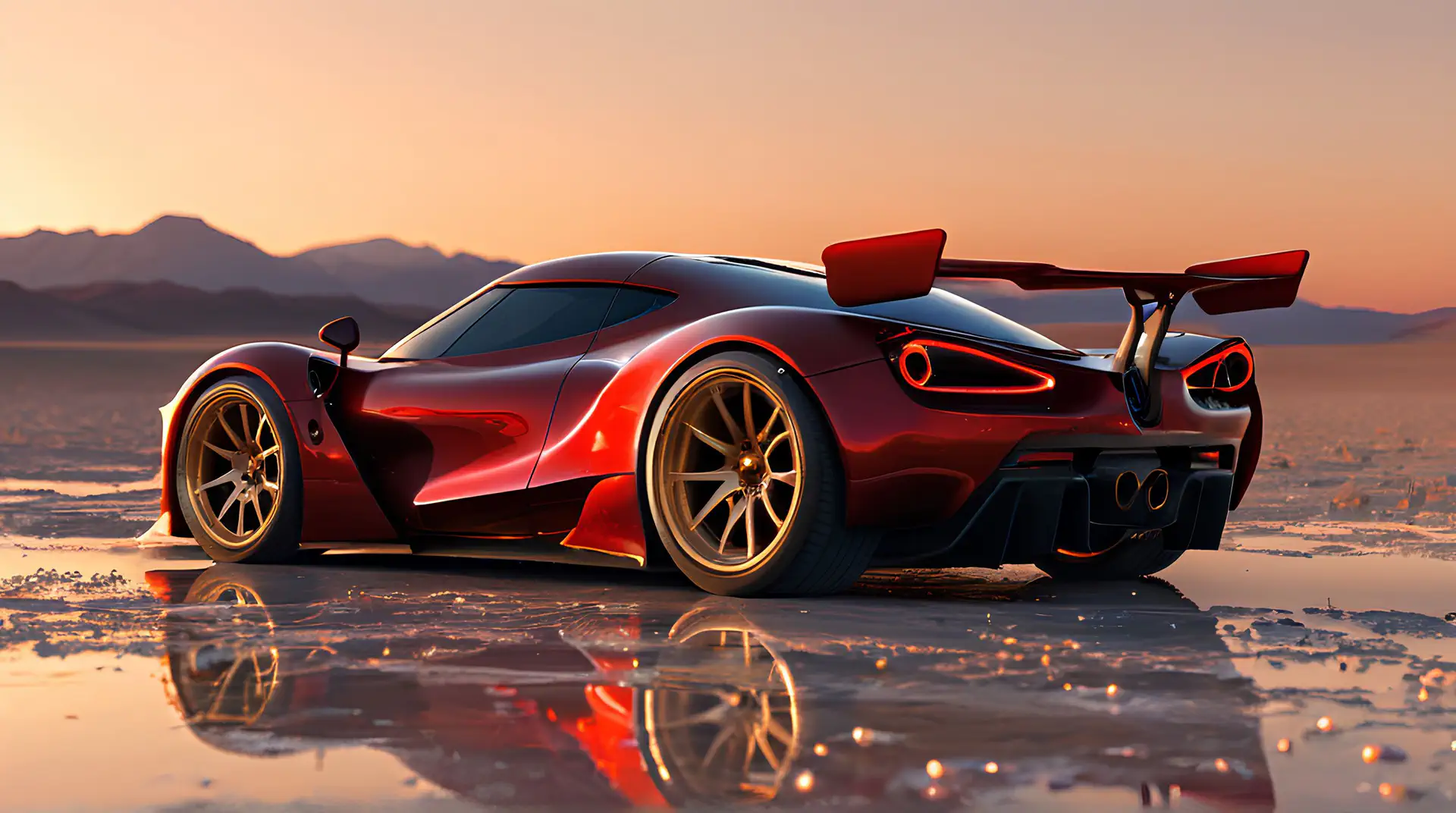 Vuurrode Hypercar met Reflecties op Natte Zoutvlakte 4K Wallpaper
