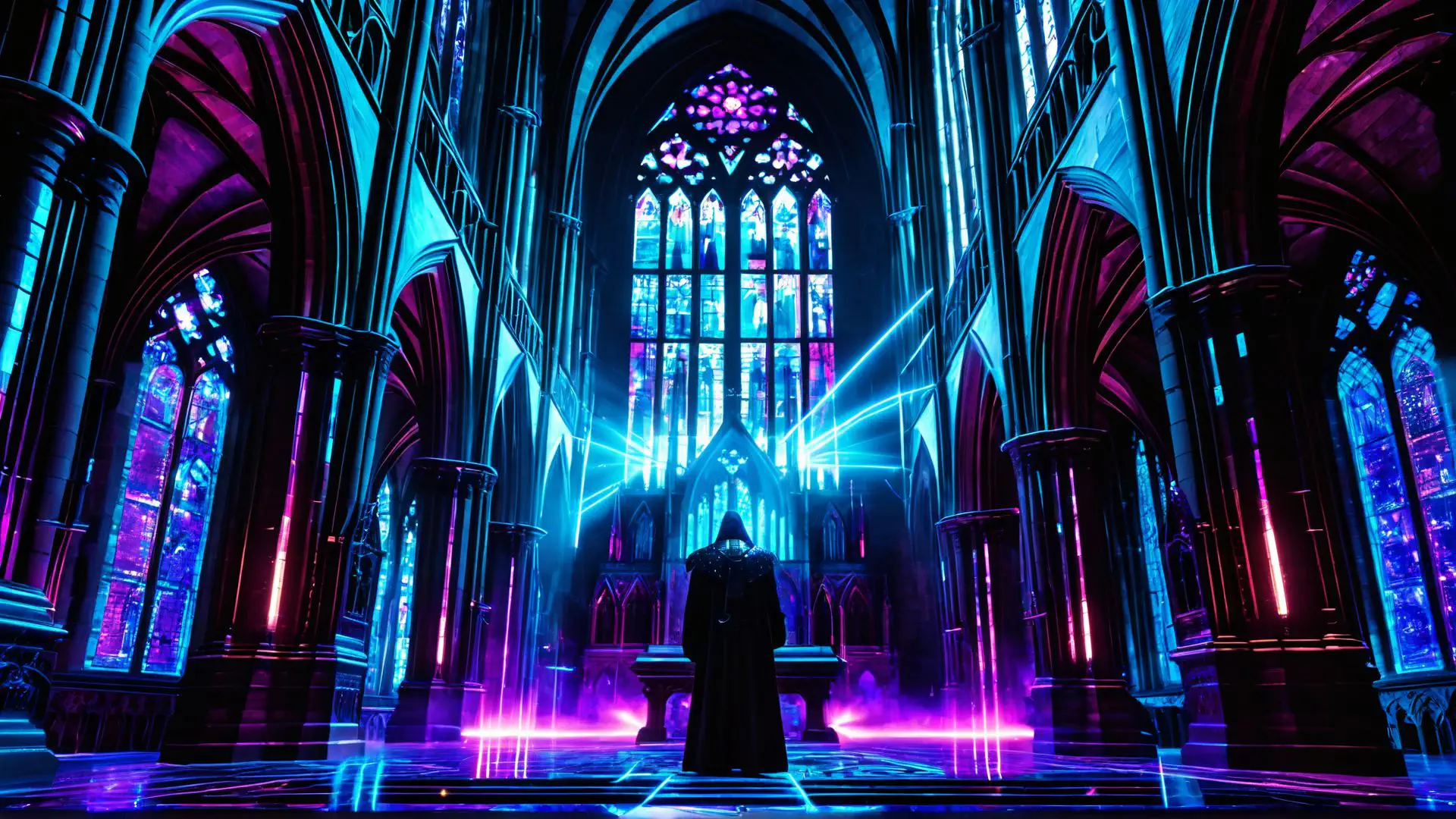Mystieke gotische kerk met neon verlichting en gebrandschilderd glas