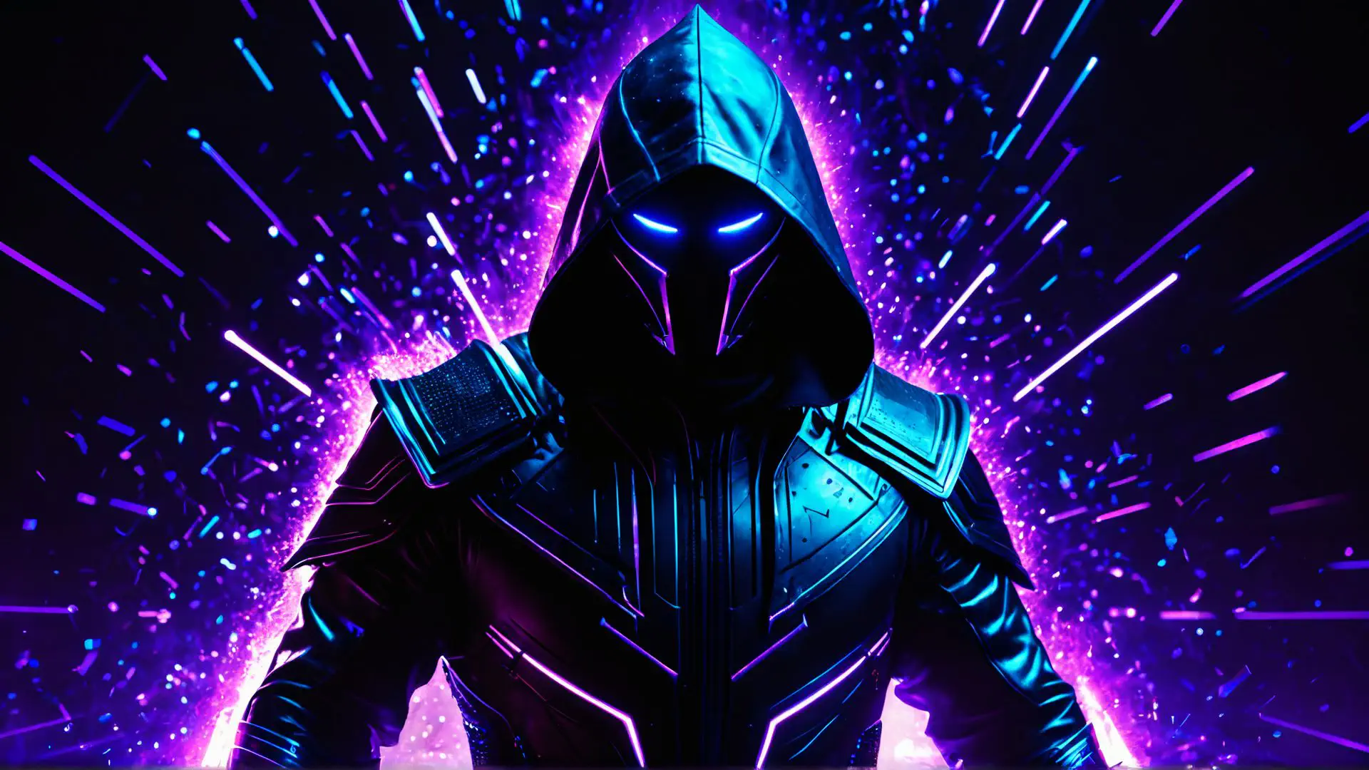 Futuristische cyberpunk krijger in neon paars en blauw kunstwerk