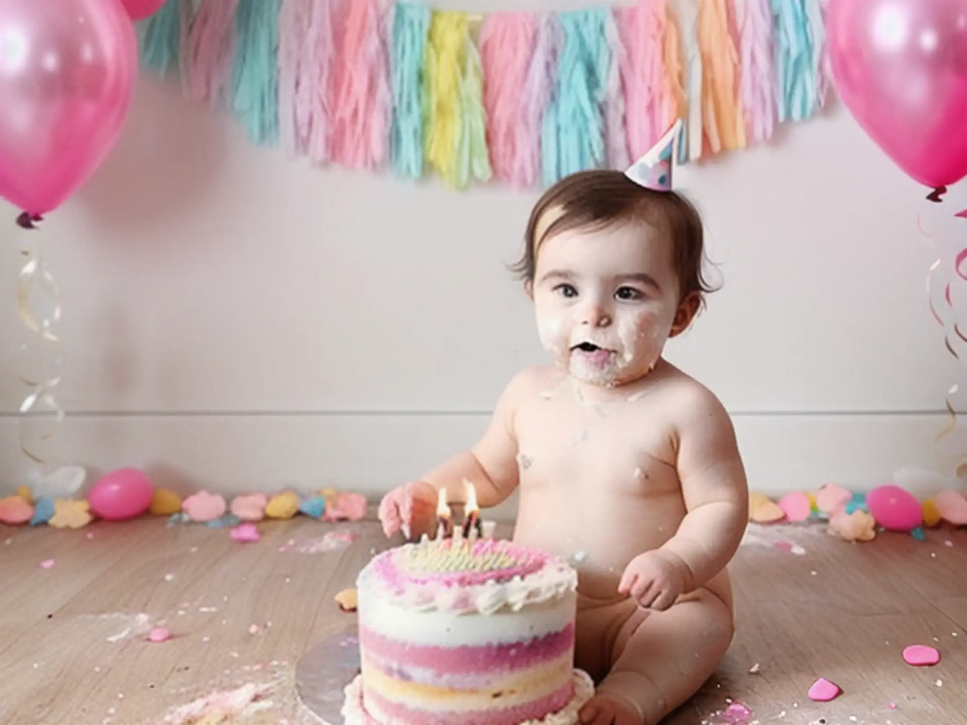 Eerste verjaardag cake smash fotoshoot met pastelkleurige decoratie