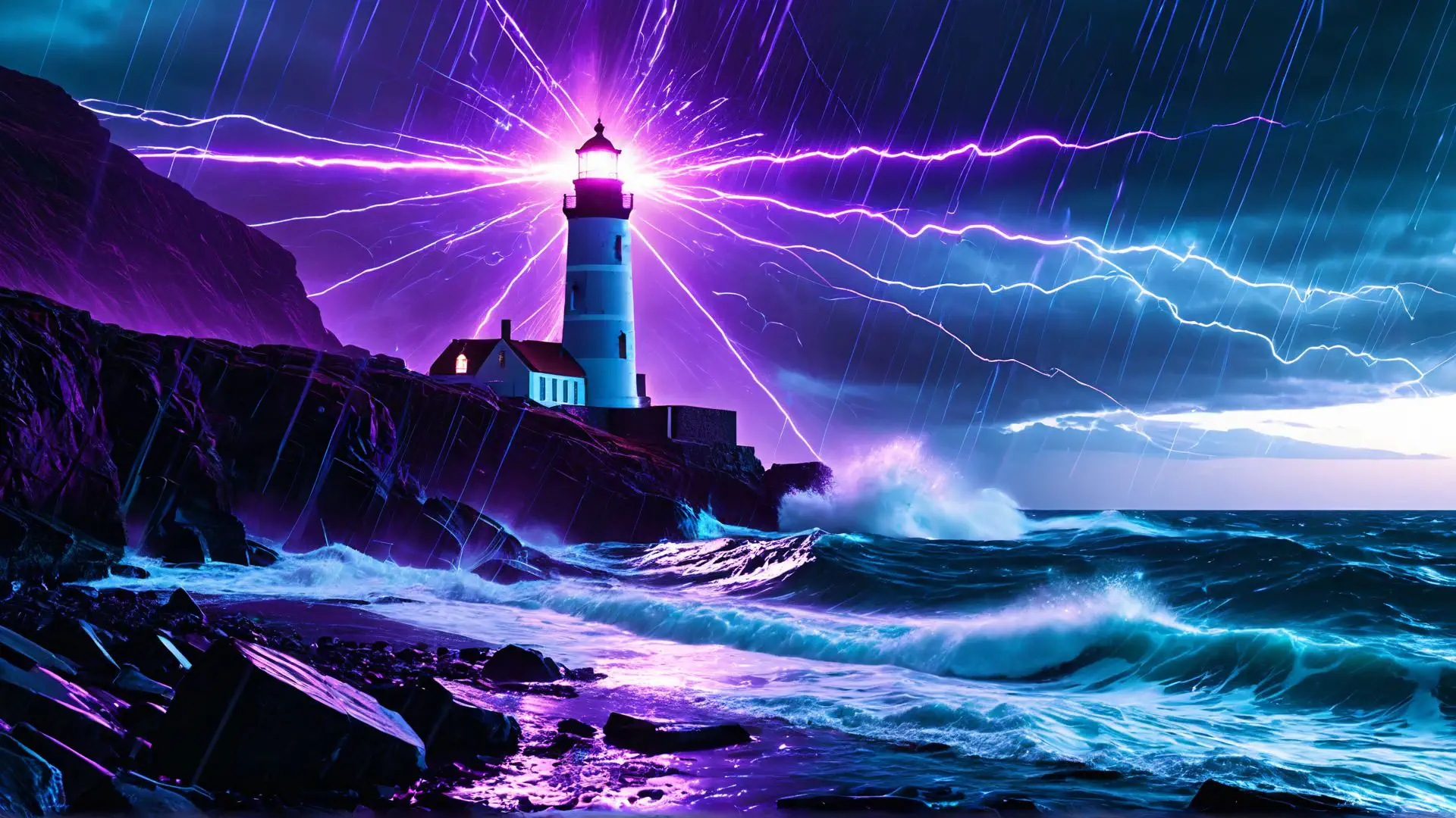 Vuurtoren in storm met bliksem en paarse lucht aan ruwe zeekust