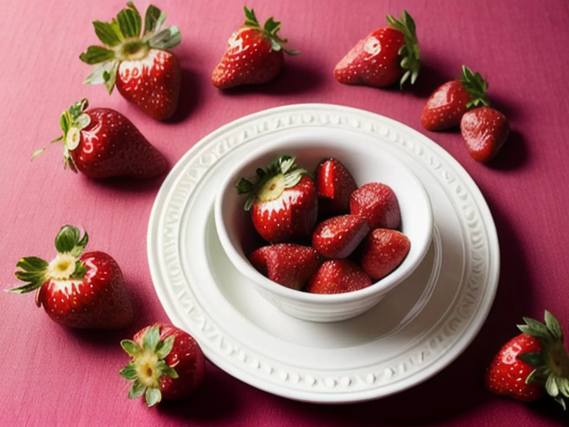 Verse aardbeien in wit porseleinen schaaltje op roze achtergrond