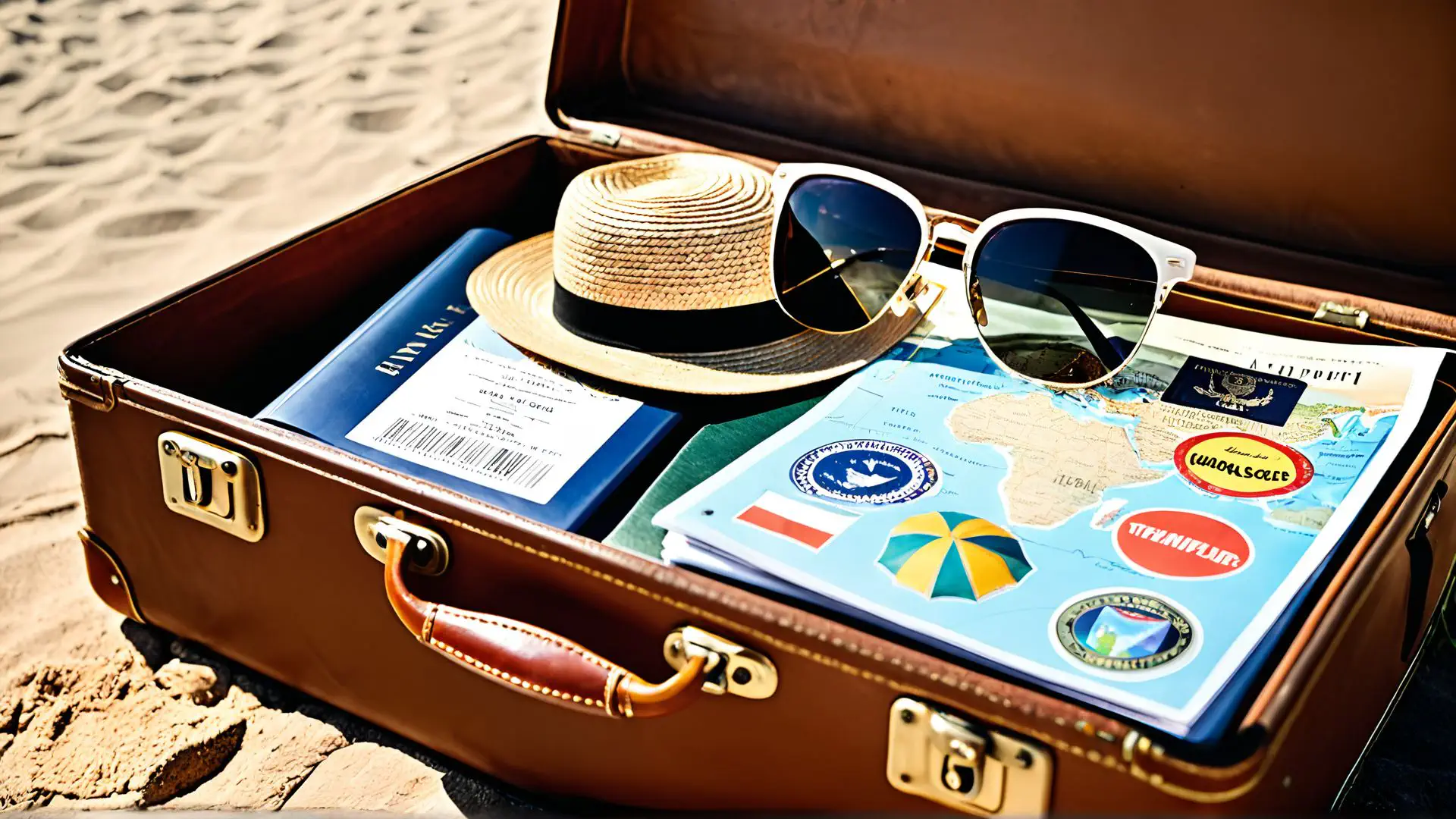 Vintage koffer met reisbenodigdheden op strand - zomervakantie