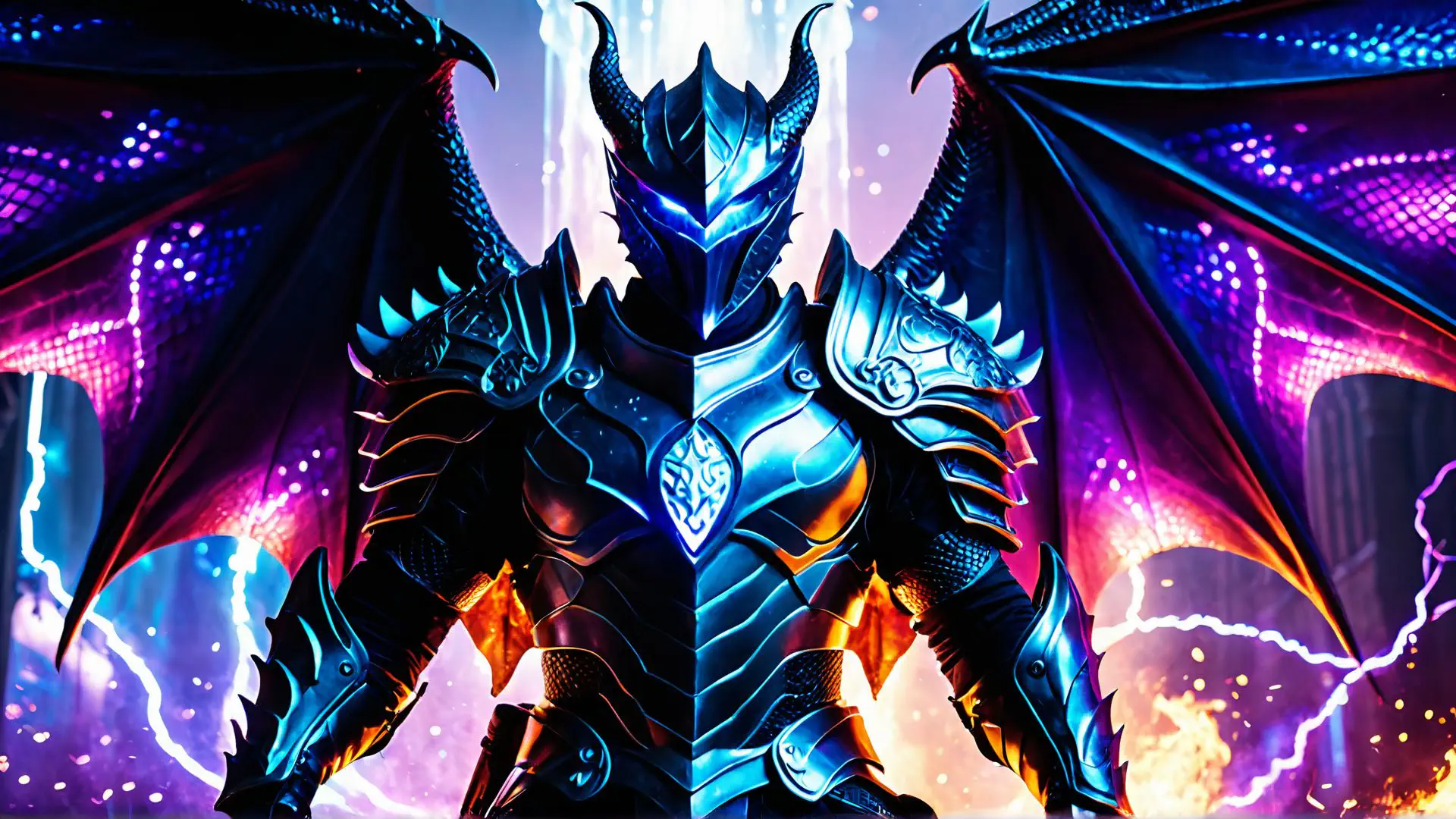 Epische drakenridder illustratie met magische neon effecten